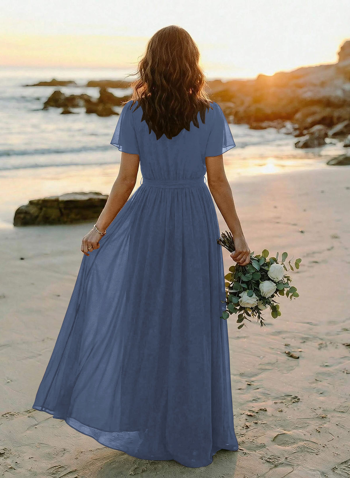 A-Line V-Neck Short Sleeves Chiffon Floor-Length Bridesmaid Dresses With Bow(s), product image 11