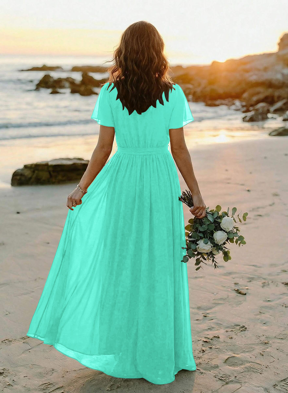 A-Line V-Neck Short Sleeves Chiffon Floor-Length Bridesmaid Dresses With Bow(s), product image 95