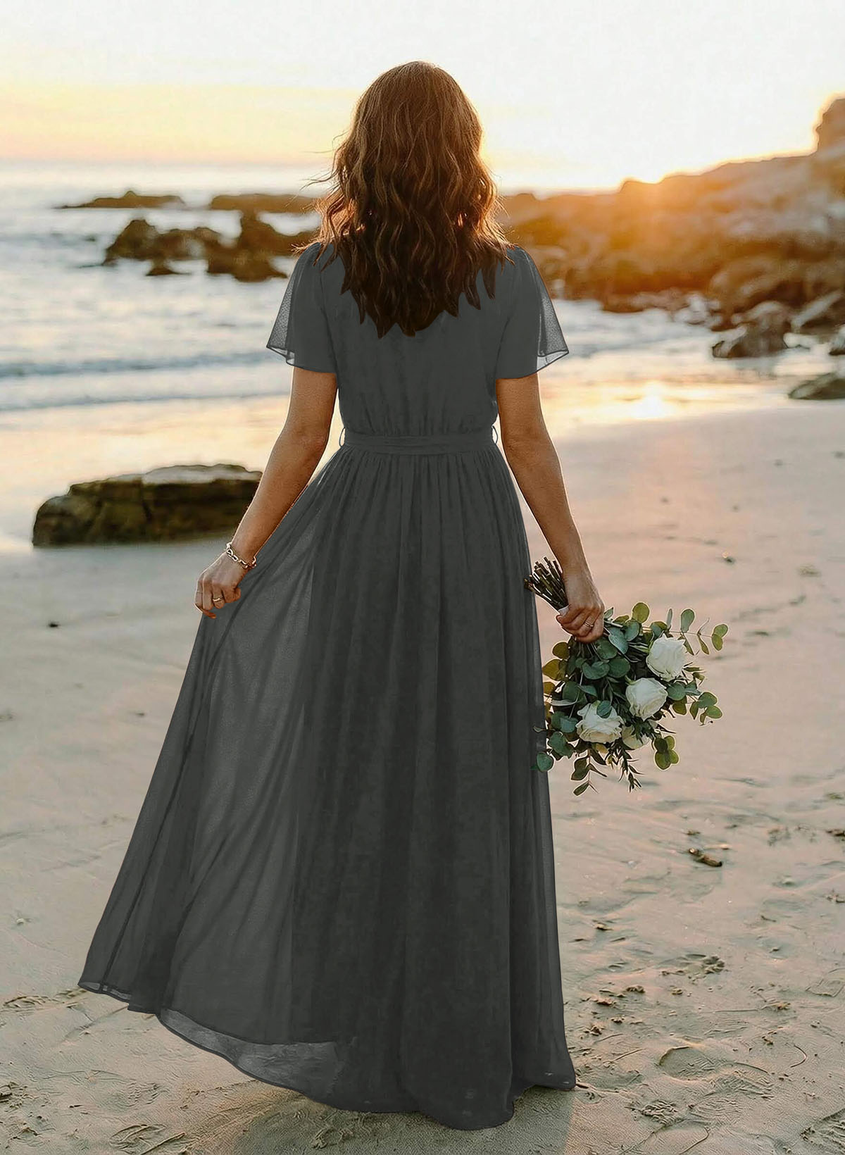 A-Line V-Neck Short Sleeves Chiffon Floor-Length Bridesmaid Dresses With Bow(s), product image 117
