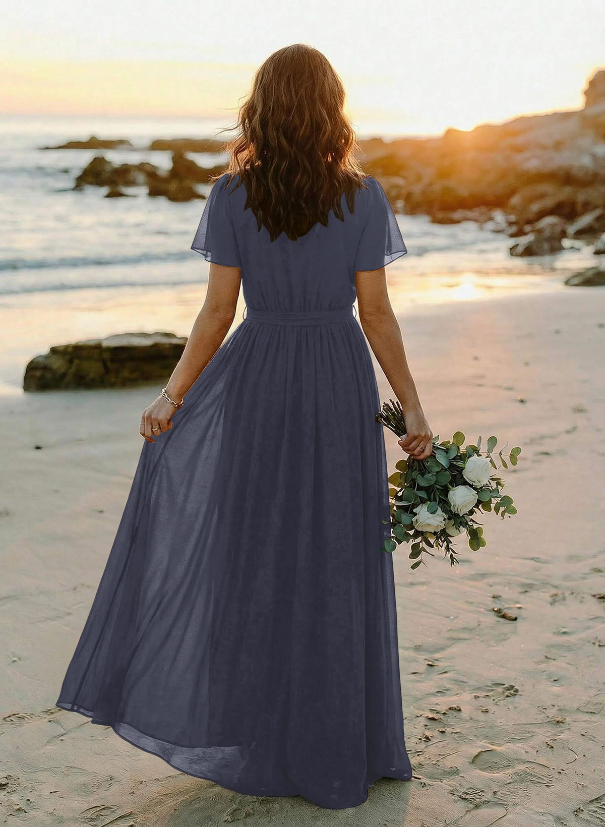 A-Line V-Neck Short Sleeves Chiffon Floor-Length Bridesmaid Dresses With Bow(s), product image 13