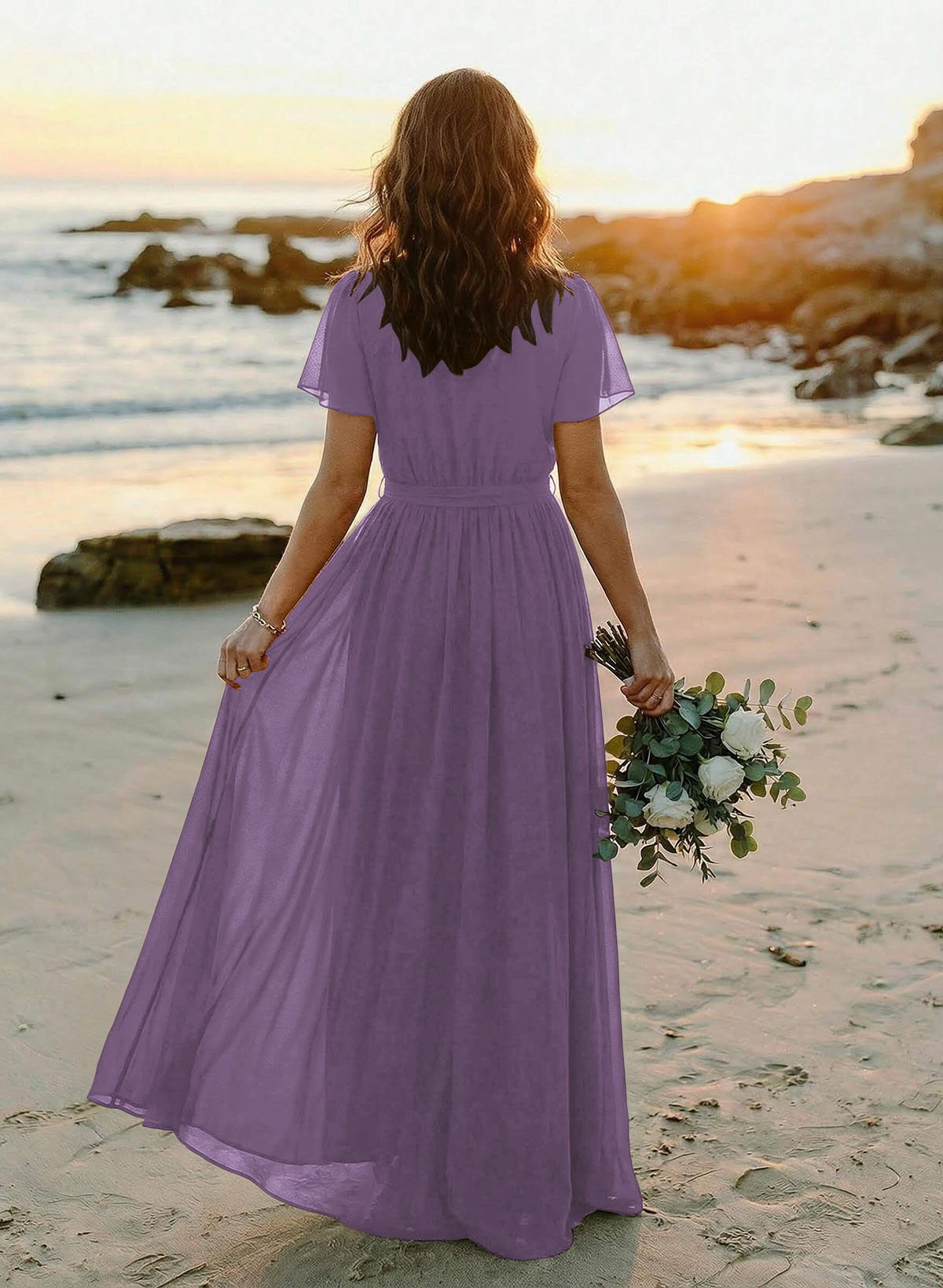 A-Line V-Neck Short Sleeves Chiffon Floor-Length Bridesmaid Dresses With Bow(s), product image 67