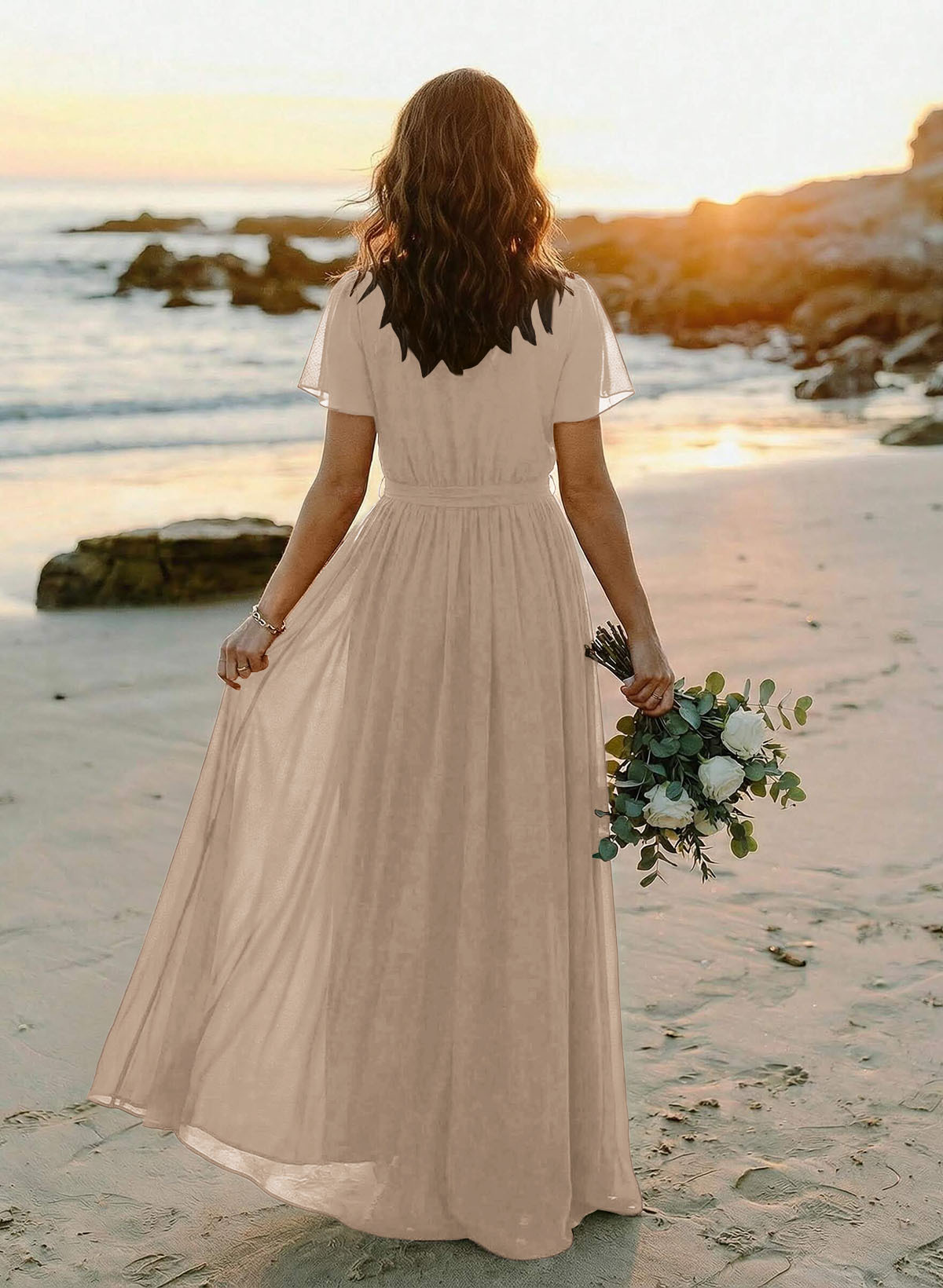 A-Line V-Neck Short Sleeves Chiffon Floor-Length Bridesmaid Dresses With Bow(s), product image 99