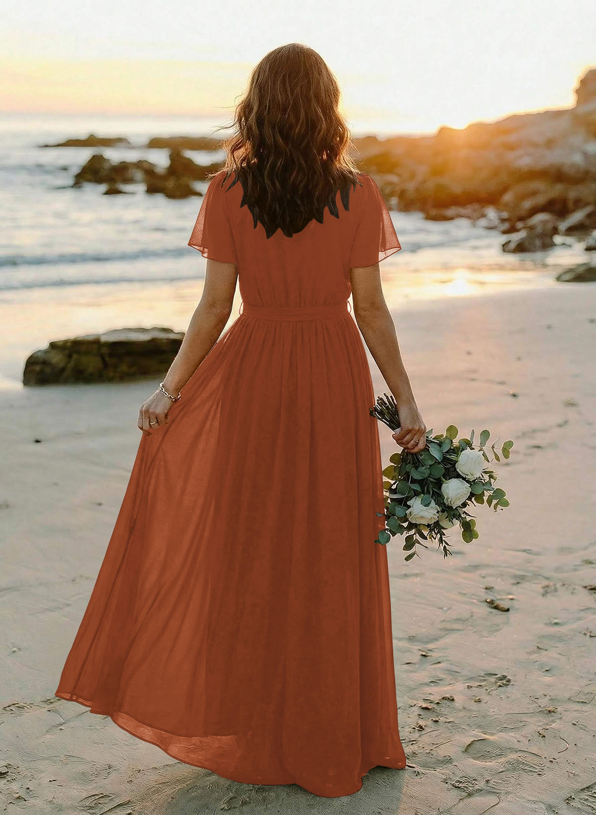 A-Line V-Neck Short Sleeves Chiffon Floor-Length Bridesmaid Dresses With Bow(s), product image 135