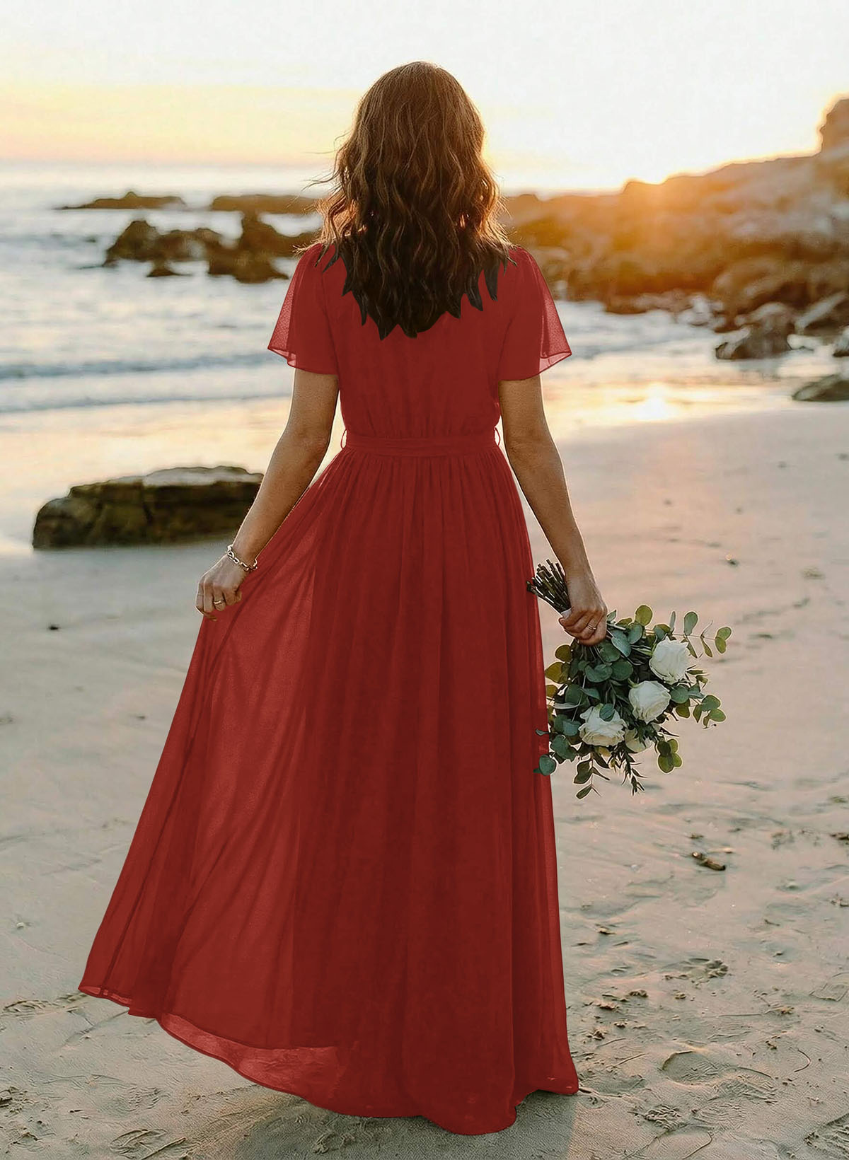 A-Line V-Neck Short Sleeves Chiffon Floor-Length Bridesmaid Dresses With Bow(s), product image 37