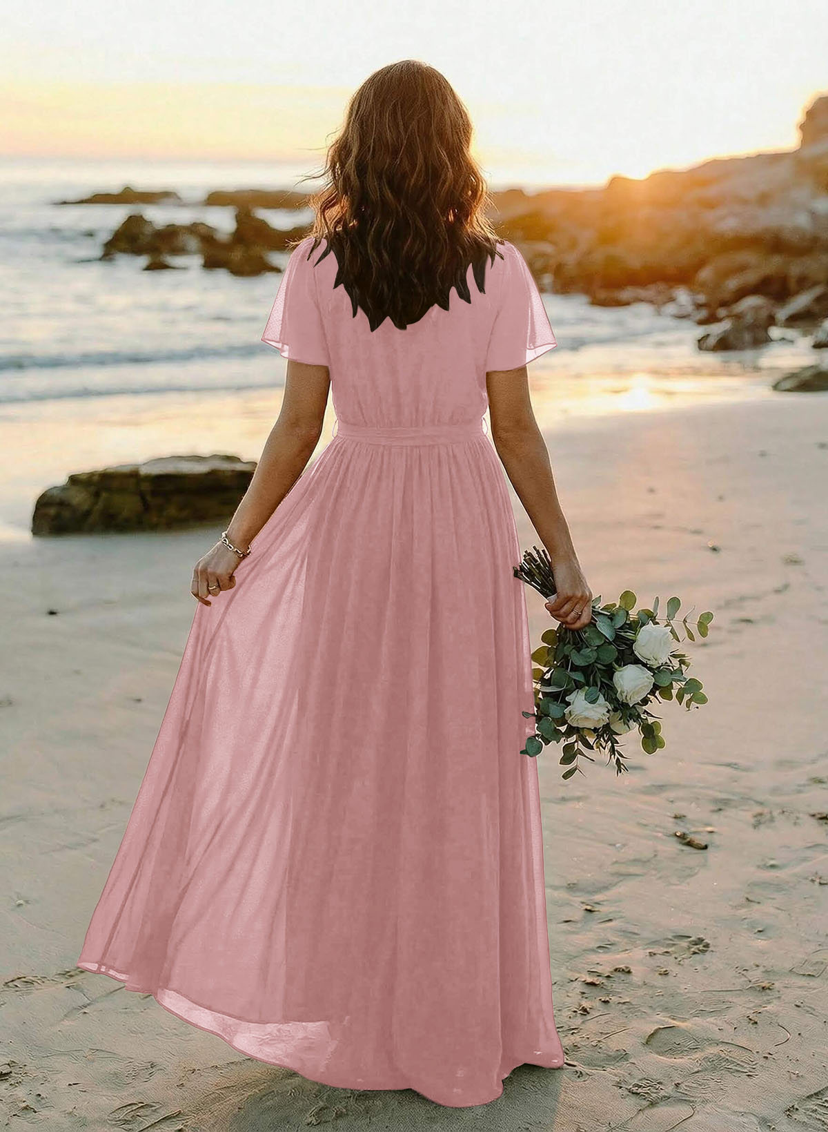 A-Line V-Neck Short Sleeves Chiffon Floor-Length Bridesmaid Dresses With Bow(s), product image 59