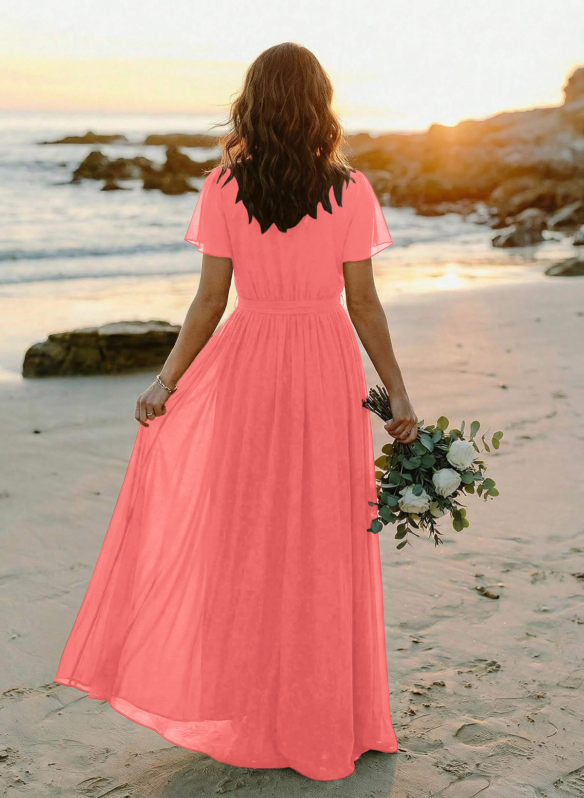 A-Line V-Neck Short Sleeves Chiffon Floor-Length Bridesmaid Dresses With Bow(s), product image 39