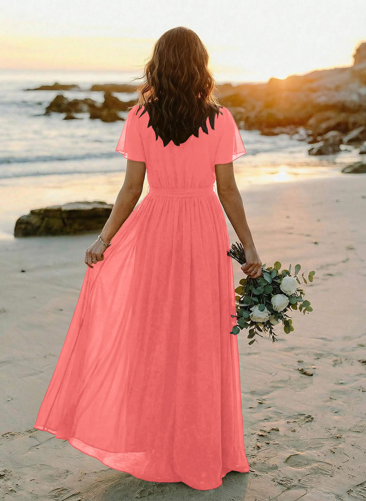 A-Line V-Neck Short Sleeves Chiffon Floor-Length Bridesmaid Dresses With Bow(s), product image 39