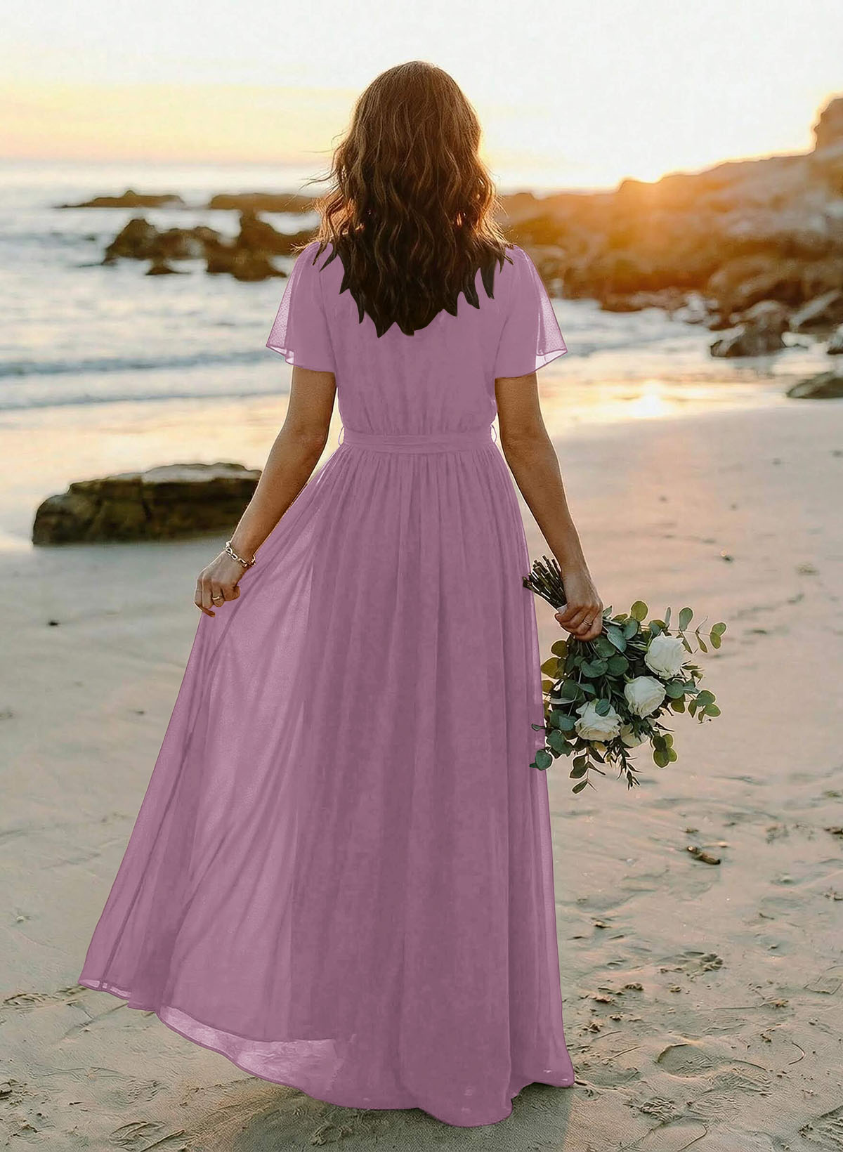 A-Line V-Neck Short Sleeves Chiffon Floor-Length Bridesmaid Dresses With Bow(s), product image 57