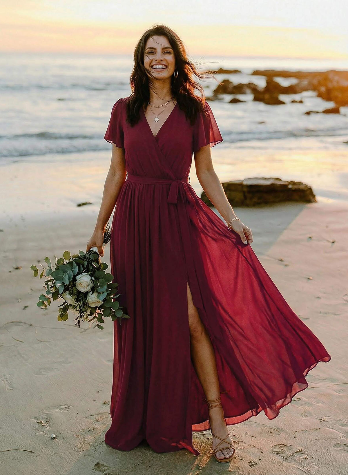 A-Line V-Neck Short Sleeves Chiffon Floor-Length Bridesmaid Dresses With Bow(s), product image 1