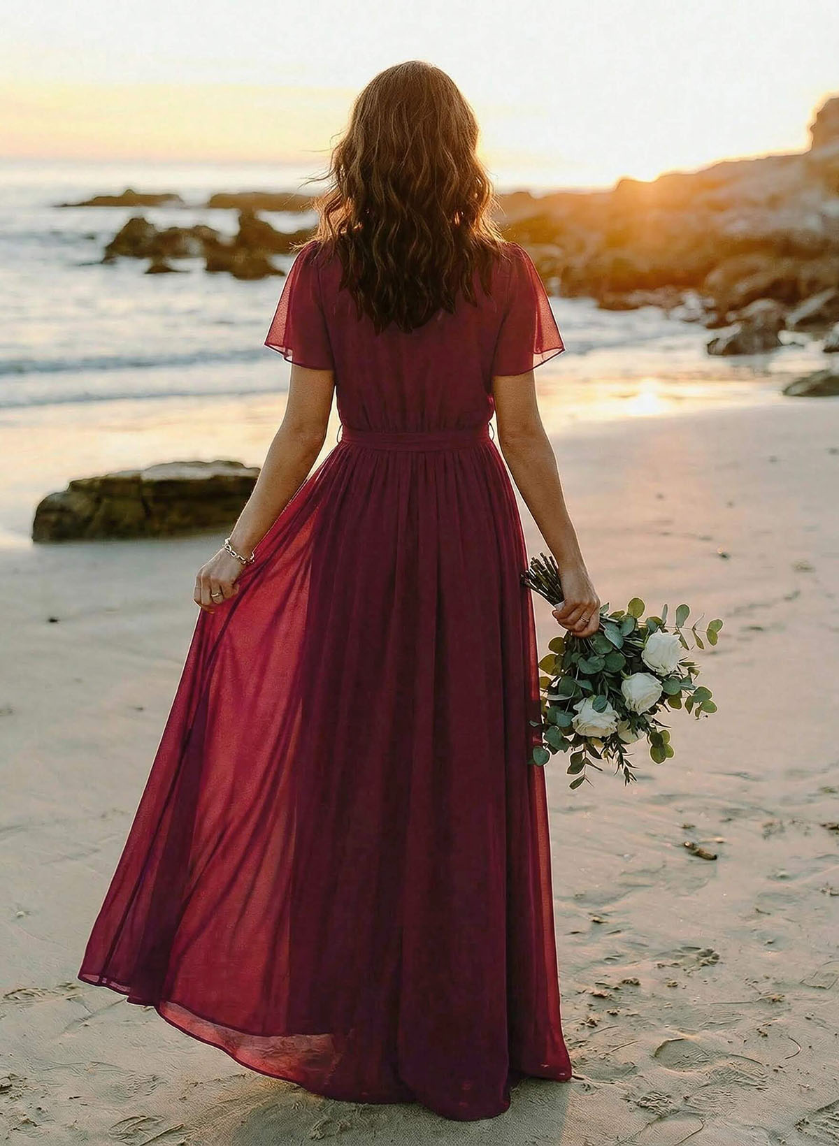 A-Line V-Neck Short Sleeves Chiffon Floor-Length Bridesmaid Dresses With Bow(s), product image 2