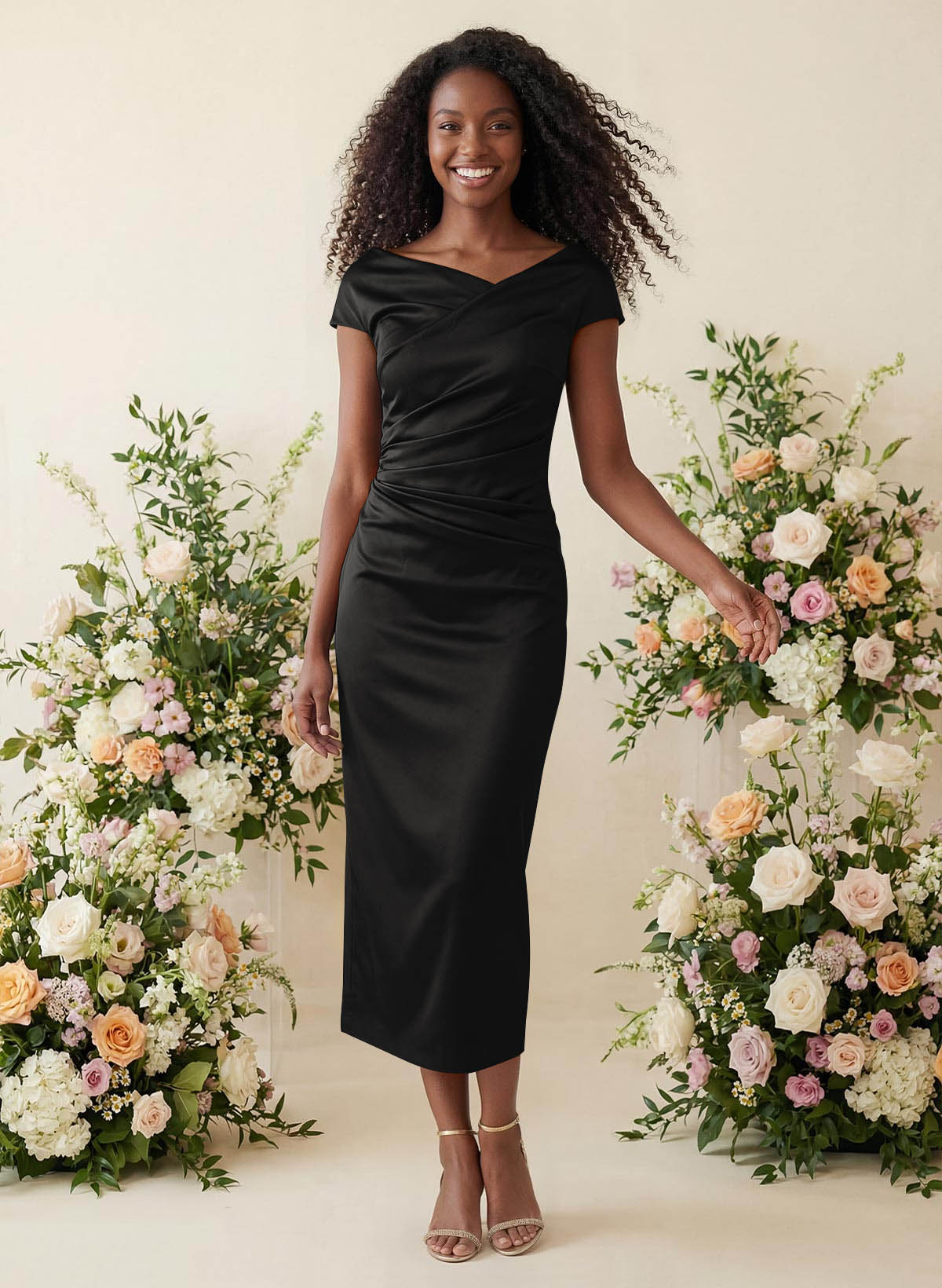 Sheath/Column Cowl Neck Short Sleeves Tea-Length Charmeuse Bridesmaid Dresses, product image 103