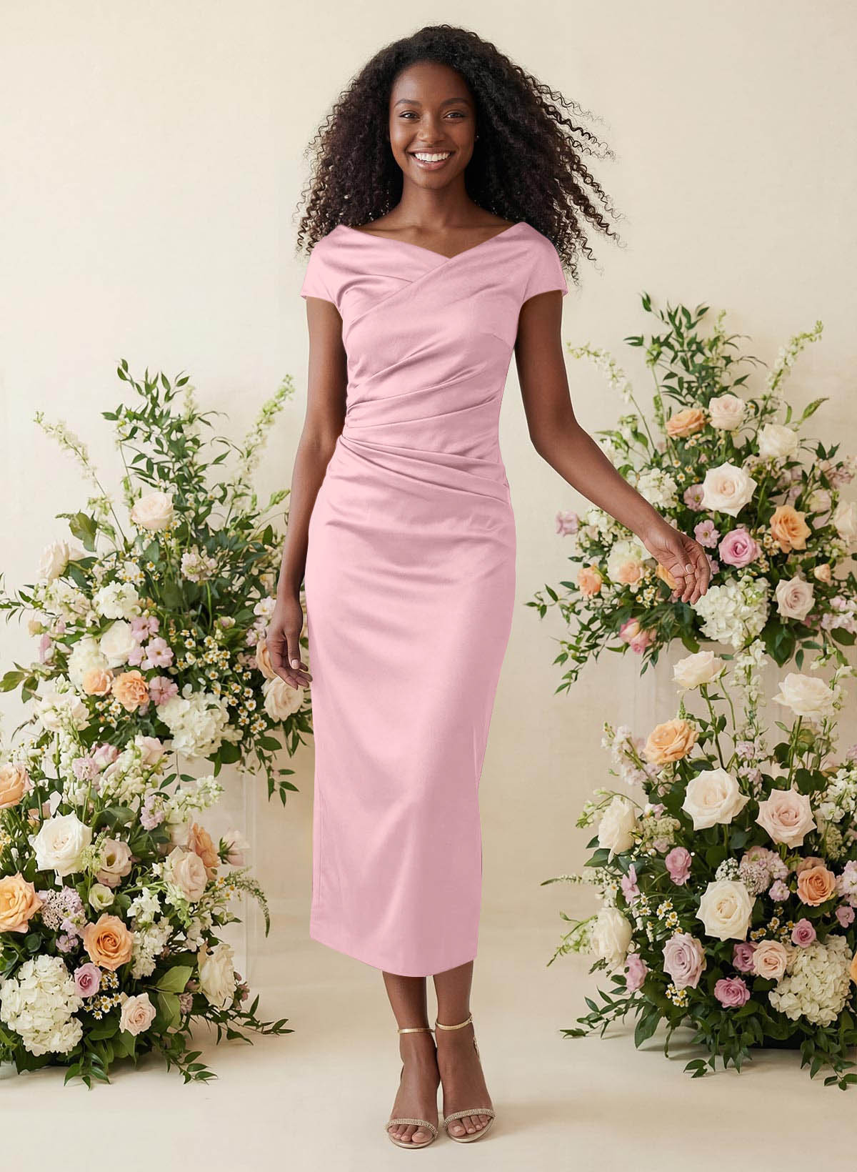 Sheath/Column Cowl Neck Short Sleeves Tea-Length Charmeuse Bridesmaid Dresses, product image 46