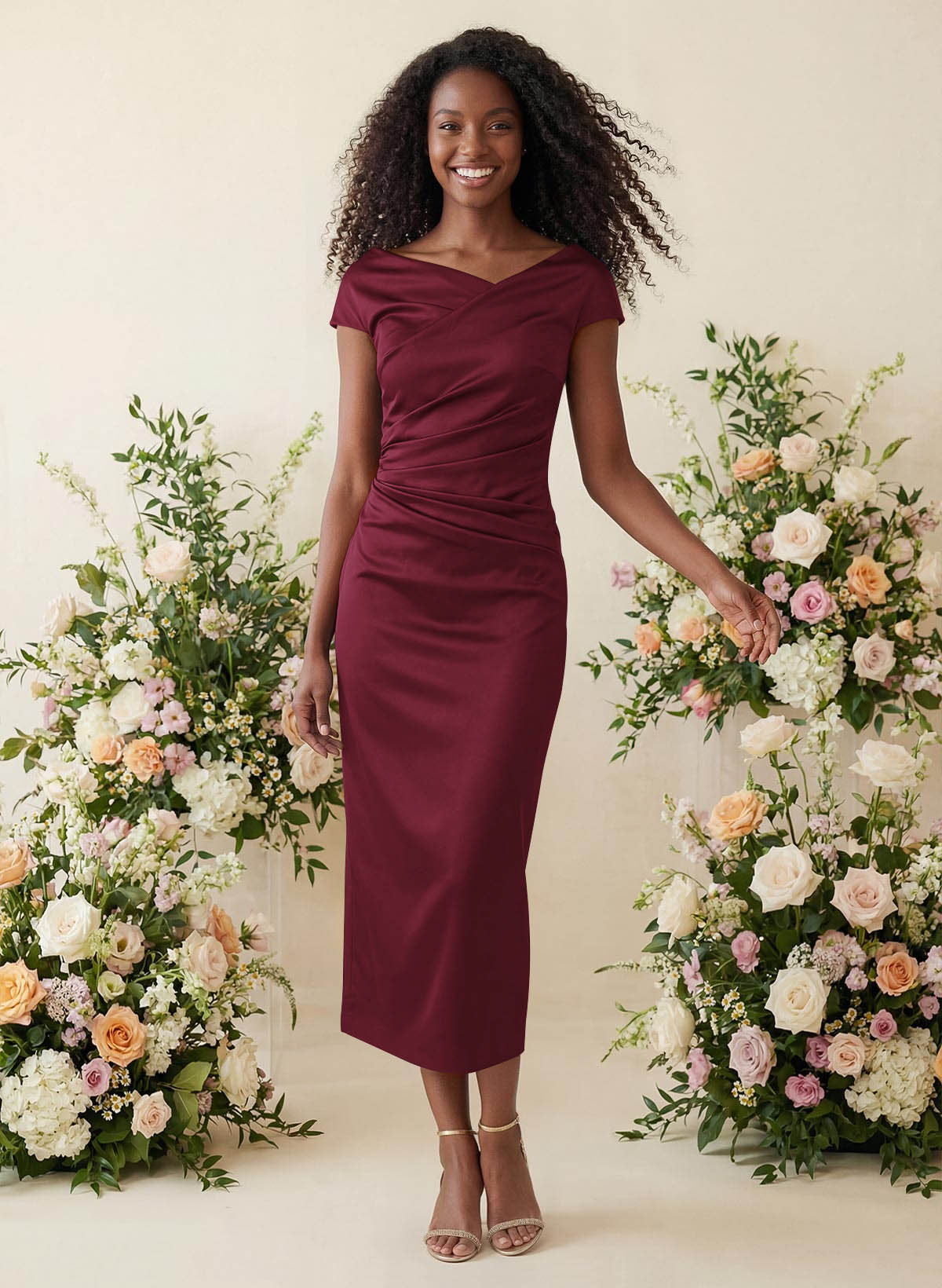 Sheath/Column Cowl Neck Short Sleeves Tea-Length Charmeuse Bridesmaid Dresses, product image 25