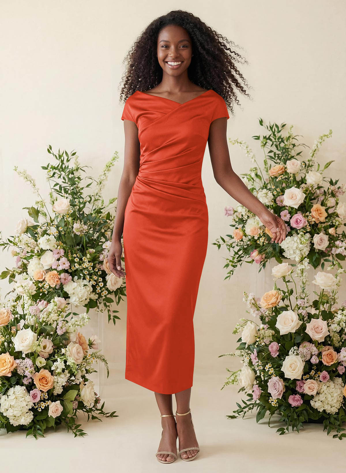 Sheath/Column Cowl Neck Short Sleeves Tea-Length Charmeuse Bridesmaid Dresses, product image 112