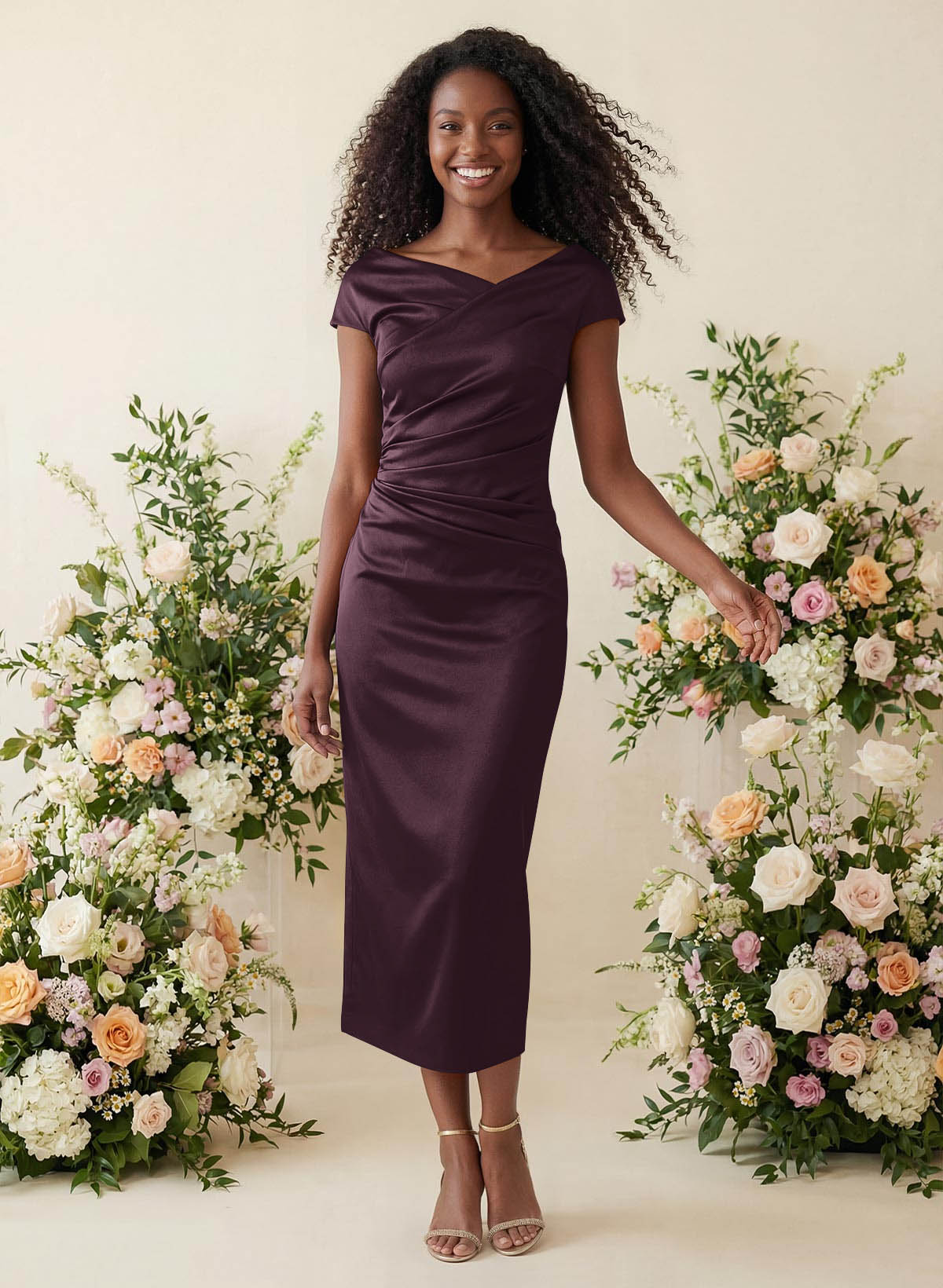 Sheath/Column Cowl Neck Short Sleeves Tea-Length Charmeuse Bridesmaid Dresses, product image 22