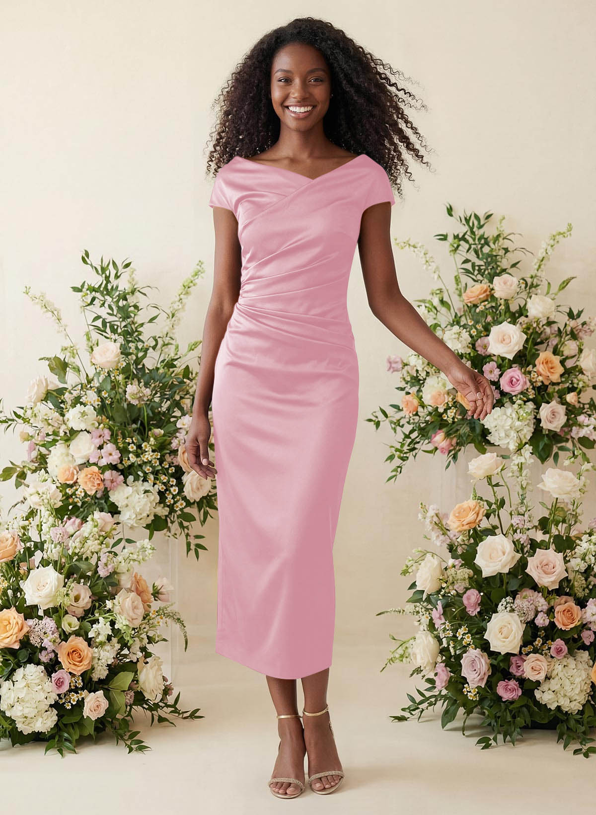 Sheath/Column Cowl Neck Short Sleeves Tea-Length Charmeuse Bridesmaid Dresses, product image 49