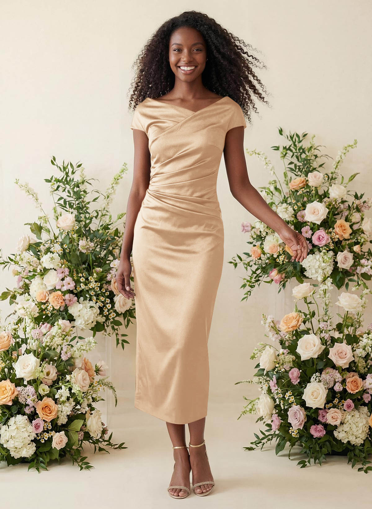 Sheath/Column Cowl Neck Short Sleeves Tea-Length Charmeuse Bridesmaid Dresses, product image 76