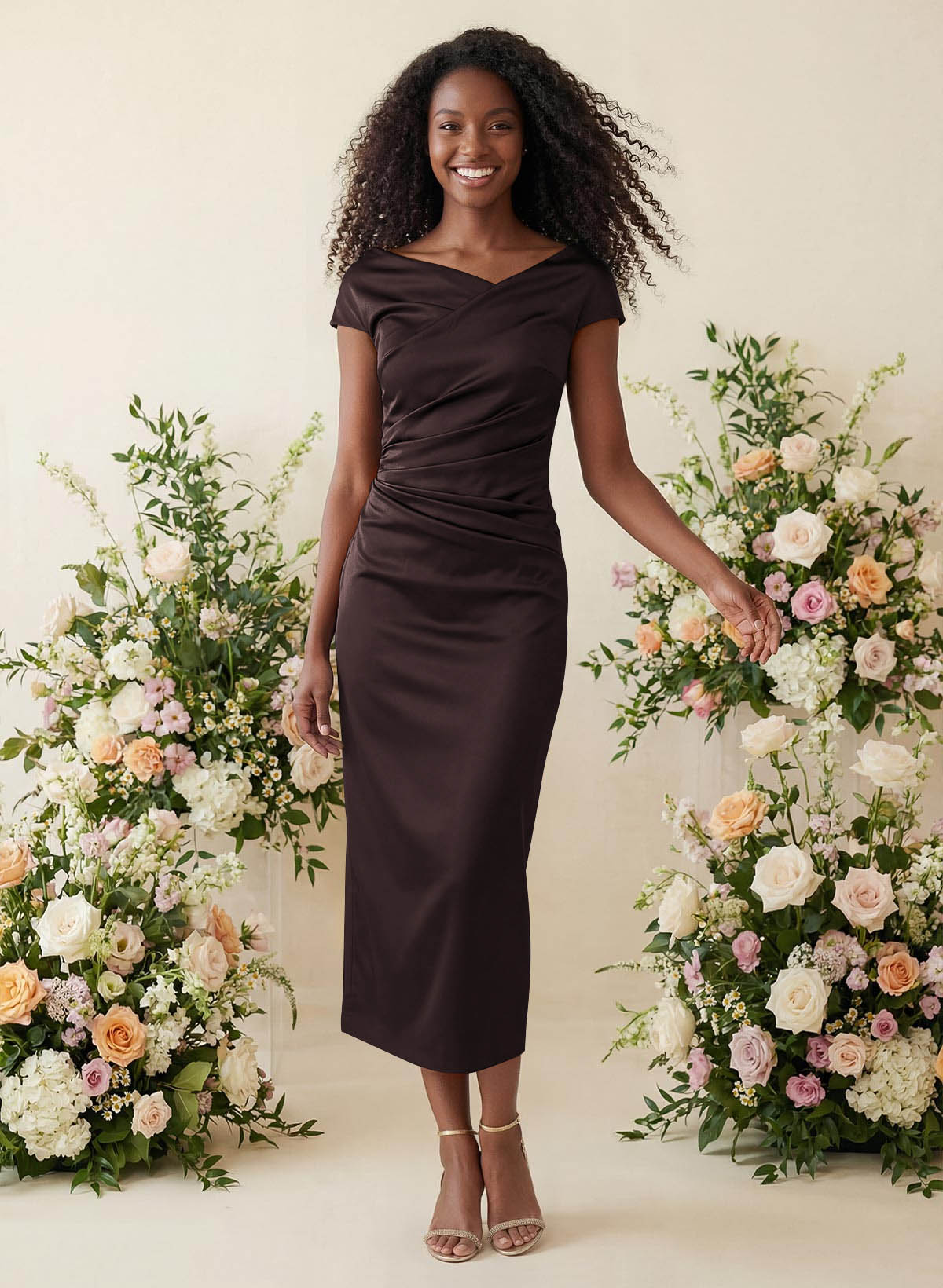 Sheath/Column Cowl Neck Short Sleeves Tea-Length Charmeuse Bridesmaid Dresses, product image 88