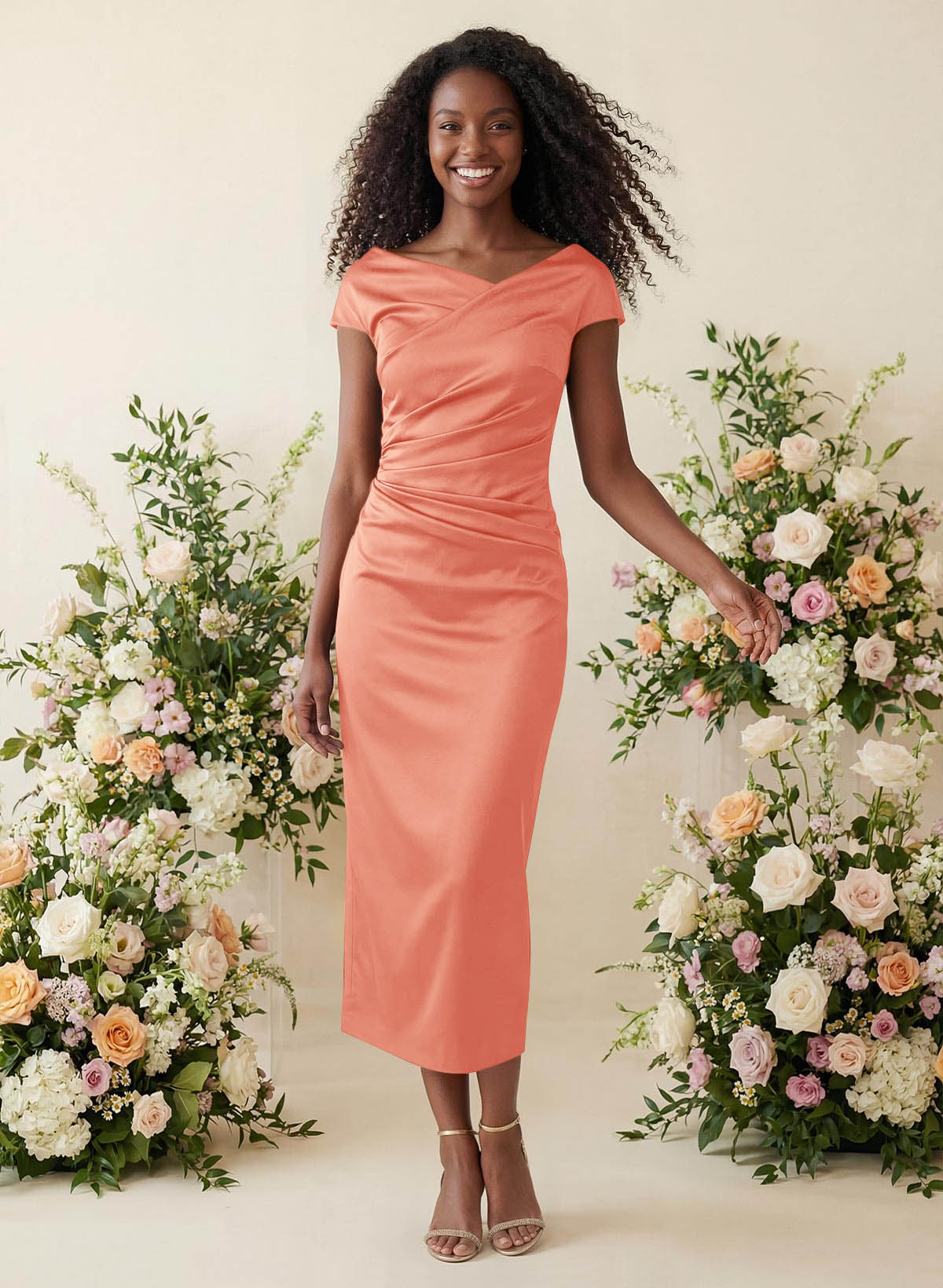 Sheath/Column Cowl Neck Short Sleeves Tea-Length Charmeuse Bridesmaid Dresses, product image 43