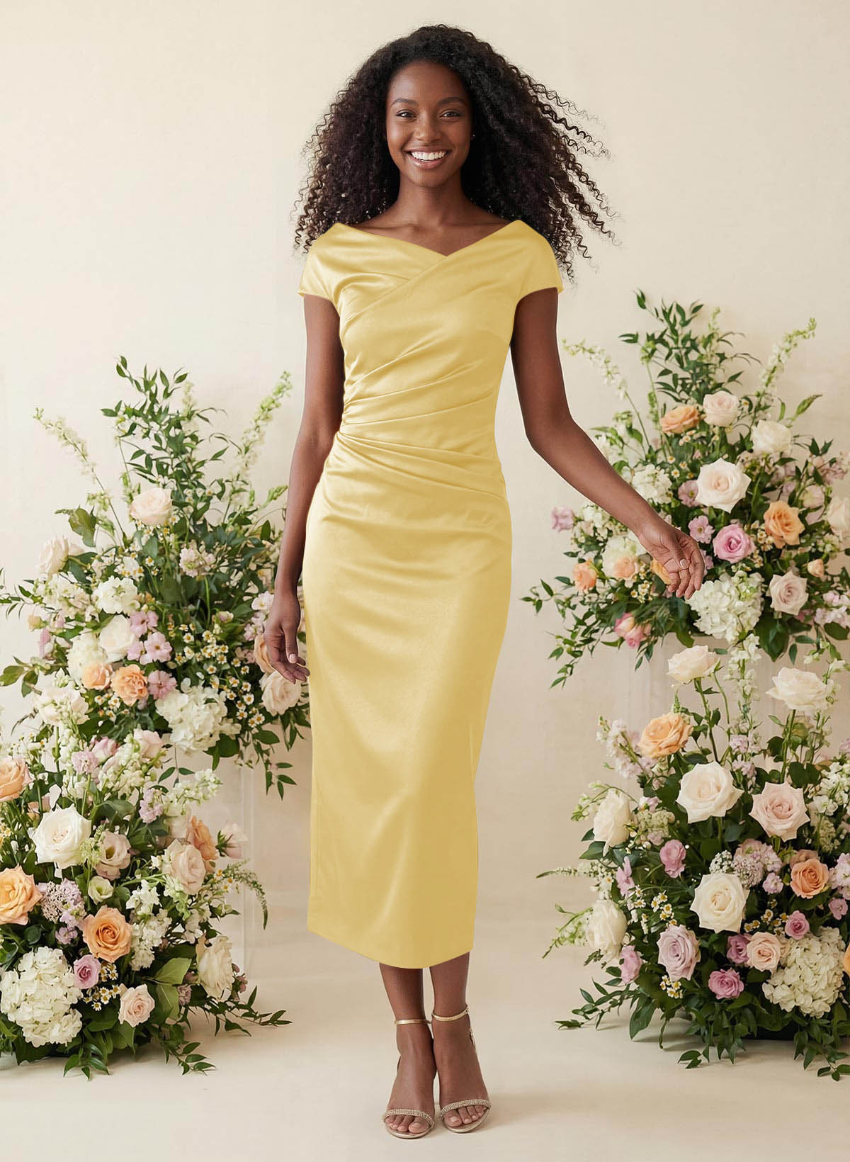Sheath/Column Cowl Neck Short Sleeves Tea-Length Charmeuse Bridesmaid Dresses, product image 79