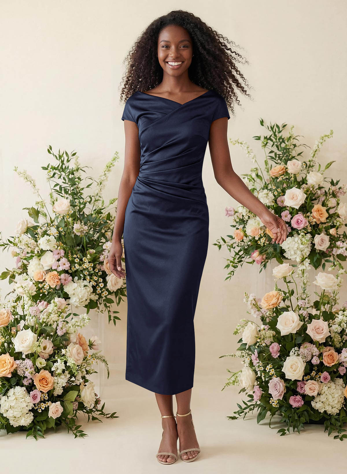 Sheath/Column Cowl Neck Short Sleeves Tea-Length Charmeuse Bridesmaid Dresses, product image 4