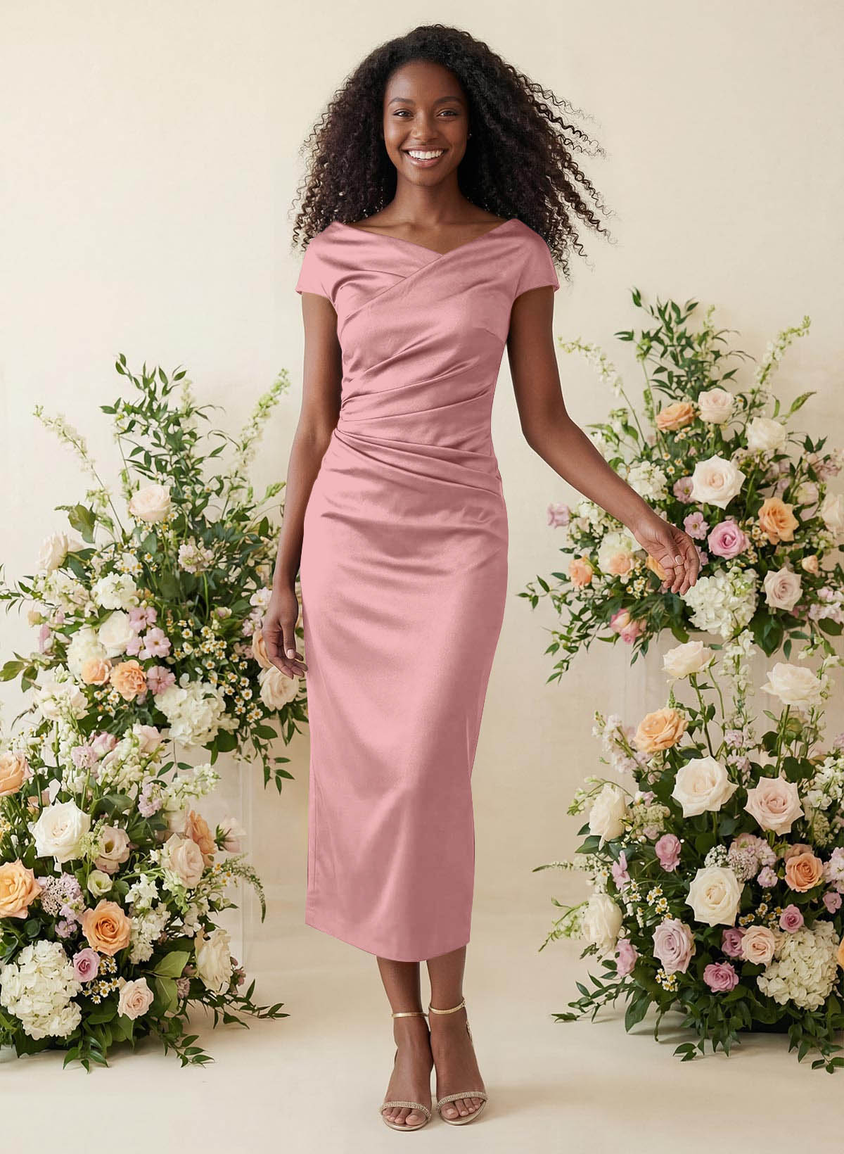 Sheath/Column Cowl Neck Short Sleeves Tea-Length Charmeuse Bridesmaid Dresses, product image 34