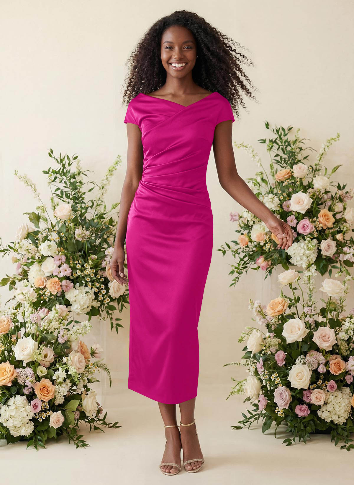 Sheath/Column Cowl Neck Short Sleeves Tea-Length Charmeuse Bridesmaid Dresses, product image 61