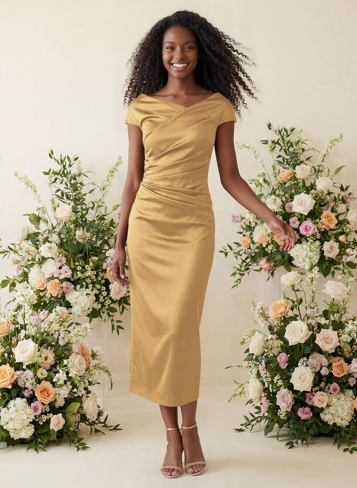 Sheath/Column Cowl Neck Short Sleeves Tea-Length Charmeuse Bridesmaid Dresses, product image 82