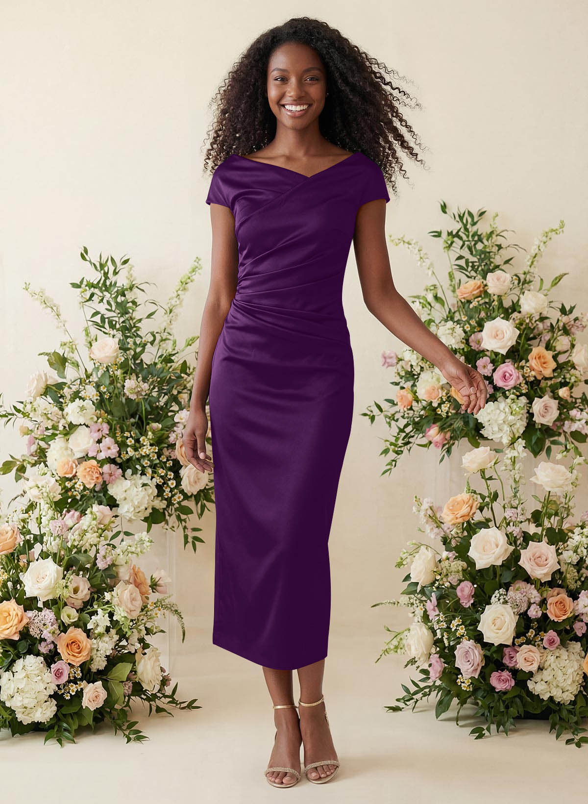 Sheath/Column Cowl Neck Short Sleeves Tea-Length Charmeuse Bridesmaid Dresses, product image 58
