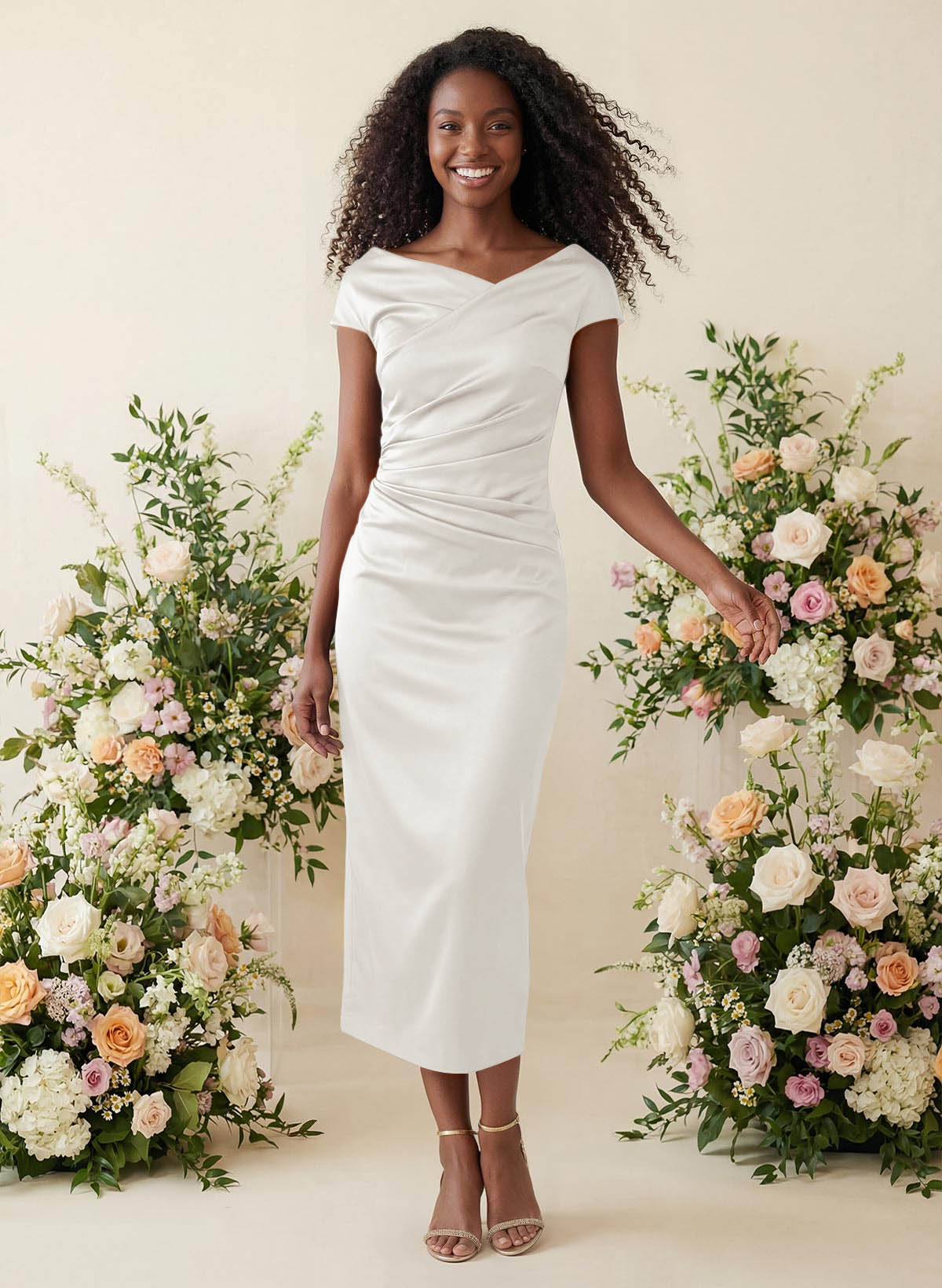 Sheath/Column Cowl Neck Short Sleeves Tea-Length Charmeuse Bridesmaid Dresses, product image 91
