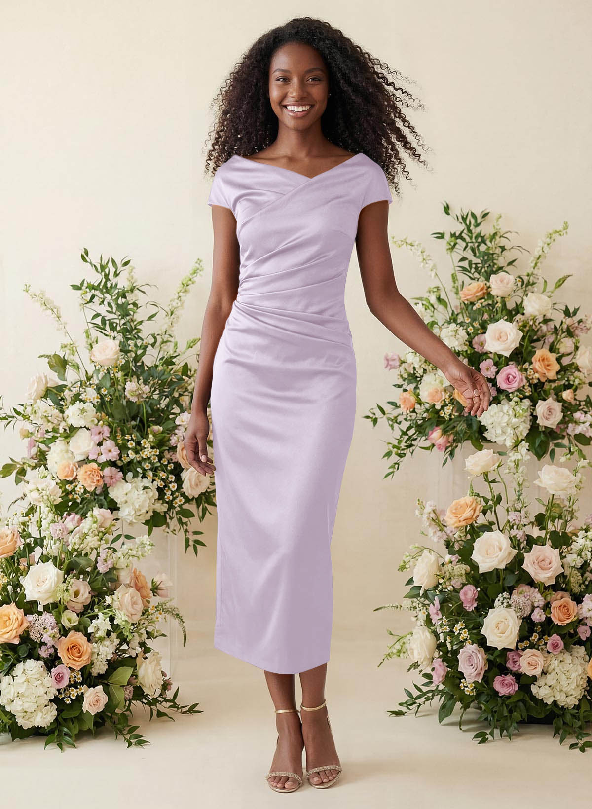 Sheath/Column Cowl Neck Short Sleeves Tea-Length Charmeuse Bridesmaid Dresses, product image 52