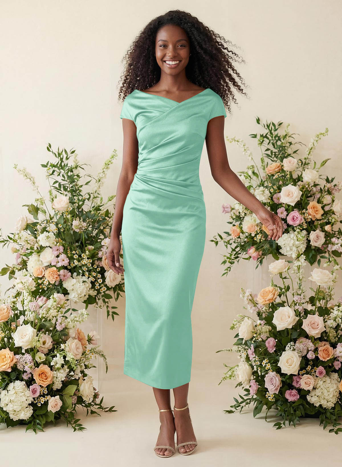 Sheath/Column Cowl Neck Short Sleeves Tea-Length Charmeuse Bridesmaid Dresses, product image 70