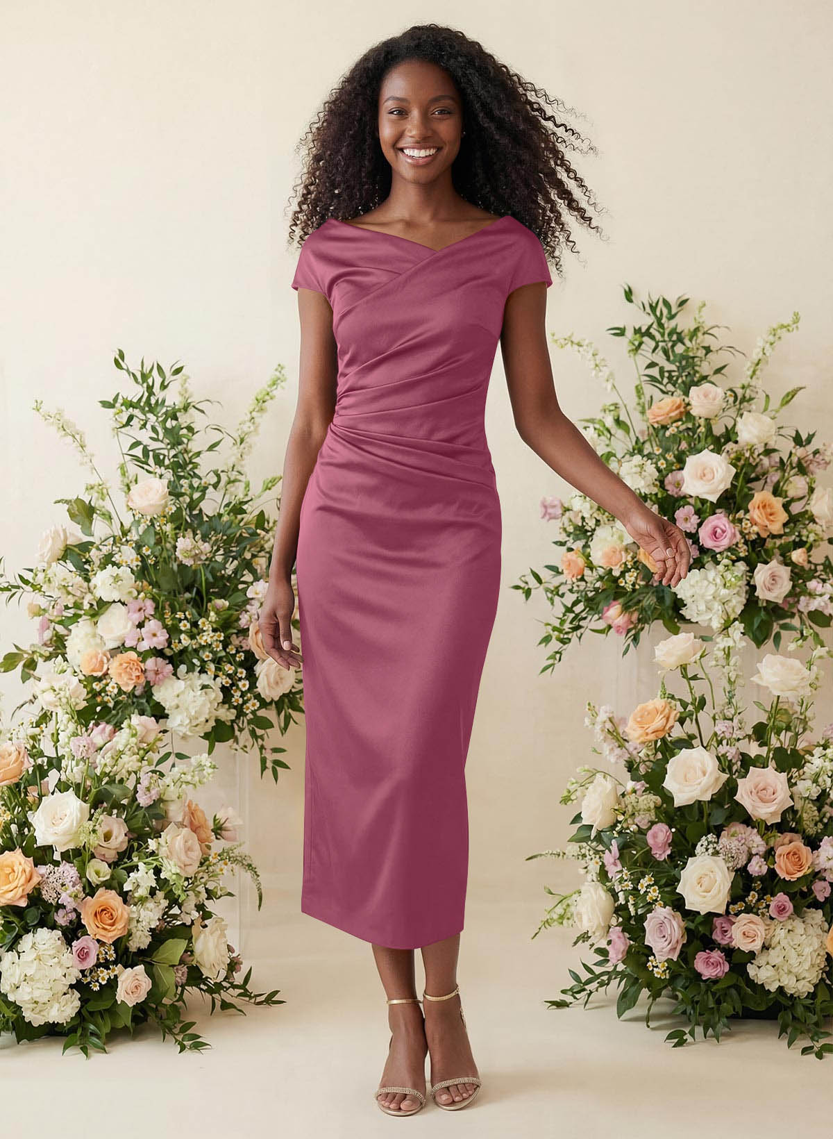 Sheath/Column Cowl Neck Short Sleeves Tea-Length Charmeuse Bridesmaid Dresses, product image 28