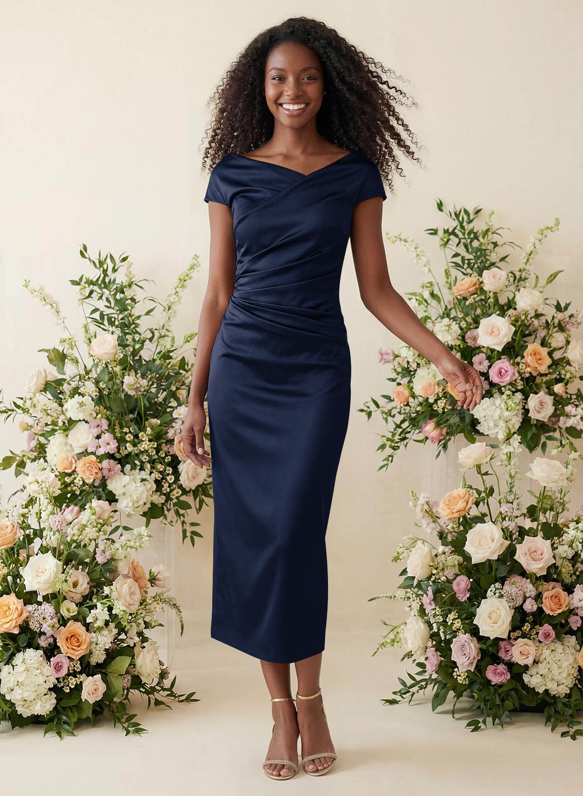Sheath/Column Cowl Neck Short Sleeves Tea-Length Charmeuse Bridesmaid Dresses, product image 7