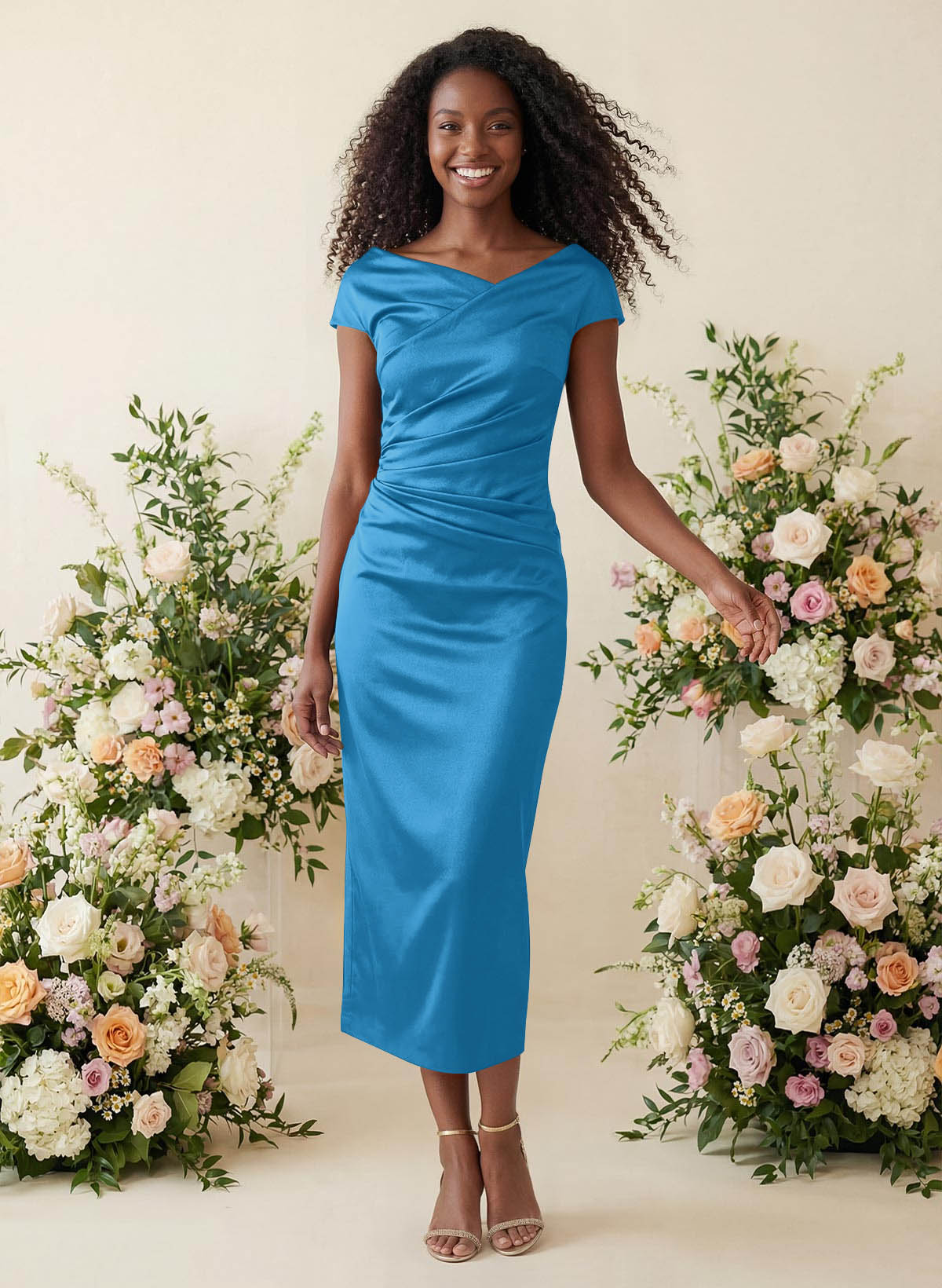 Sheath/Column Cowl Neck Short Sleeves Tea-Length Charmeuse Bridesmaid Dresses, product image 13