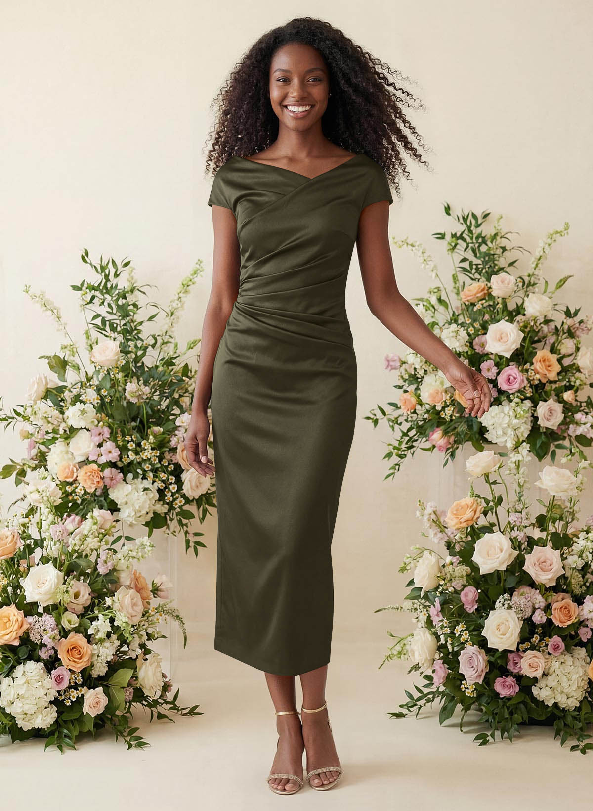 Sheath/Column Cowl Neck Short Sleeves Tea-Length Charmeuse Bridesmaid Dresses, product image 106