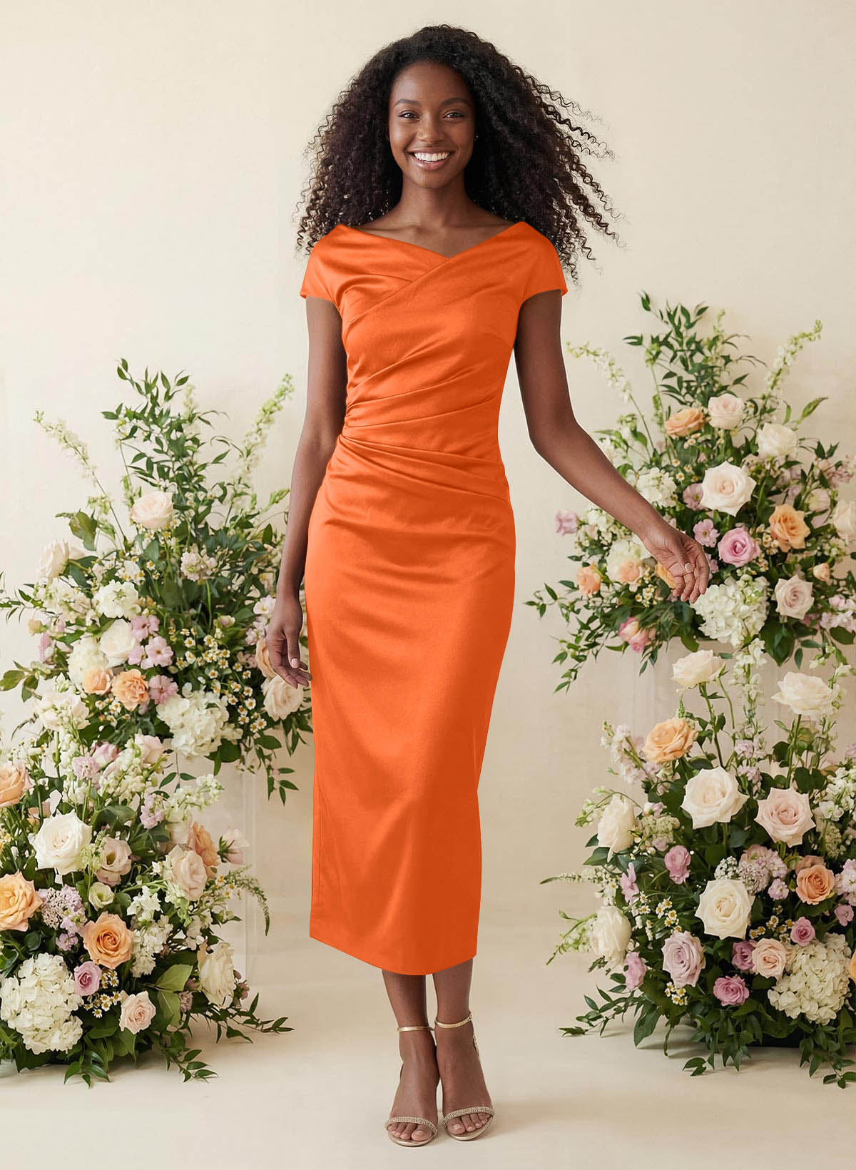 Sheath/Column Cowl Neck Short Sleeves Tea-Length Charmeuse Bridesmaid Dresses, product image 85