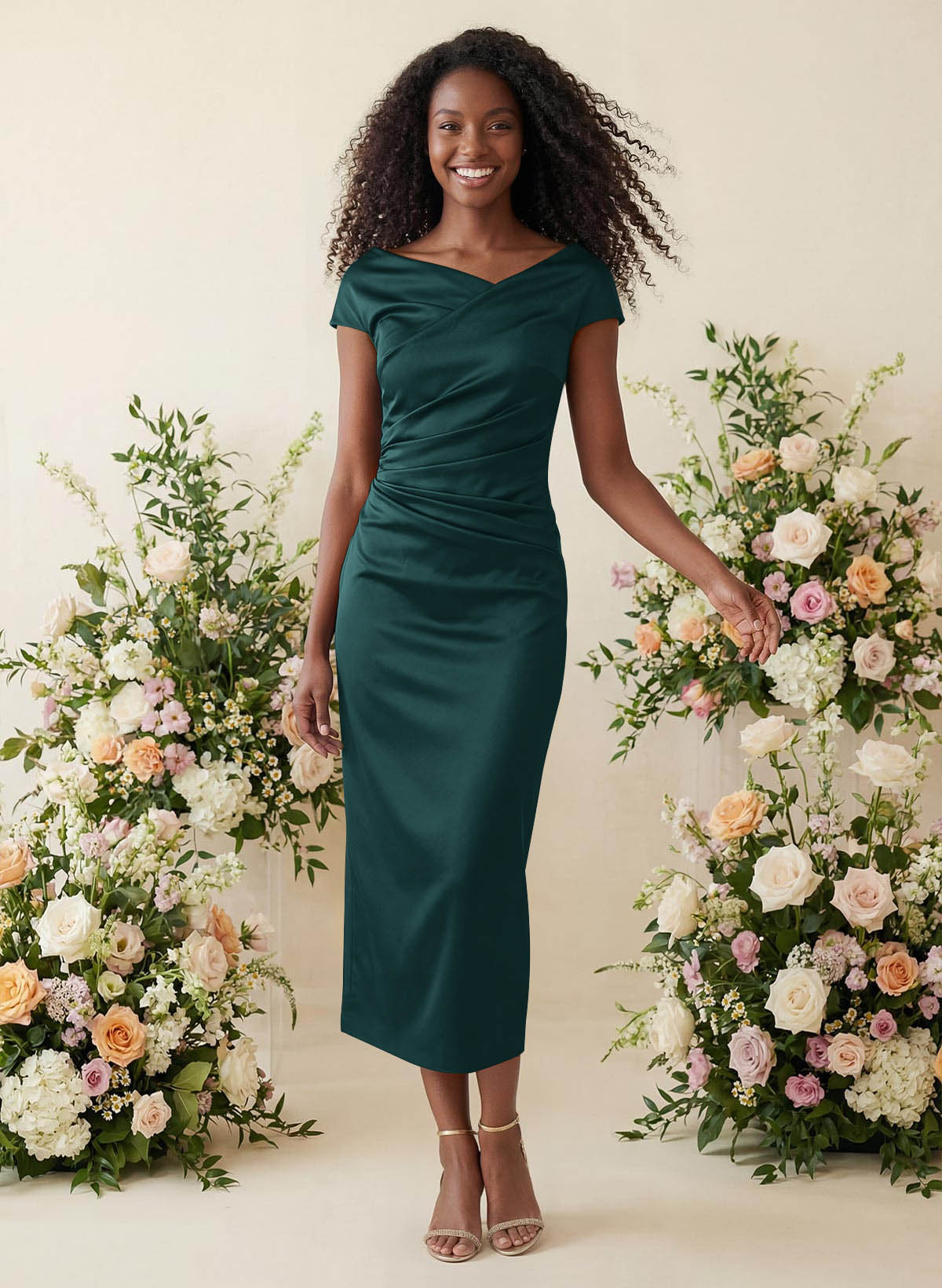 Sheath/Column Cowl Neck Short Sleeves Tea-Length Charmeuse Bridesmaid Dresses, product image 64