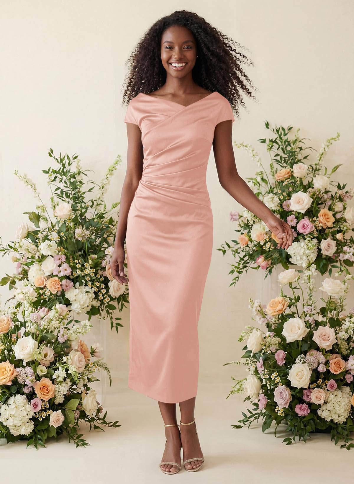 Sheath/Column Cowl Neck Short Sleeves Tea-Length Charmeuse Bridesmaid Dresses, product image 37