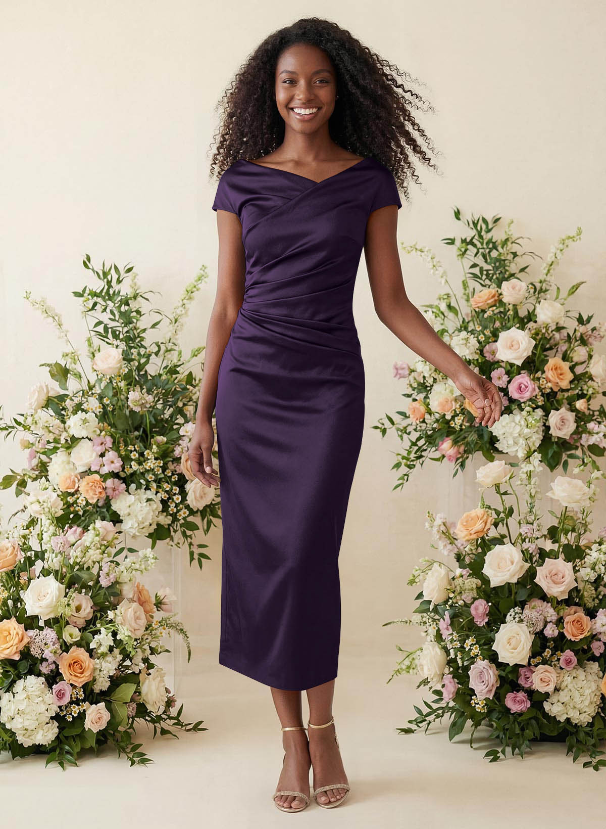 Sheath/Column Cowl Neck Short Sleeves Tea-Length Charmeuse Bridesmaid Dresses, product image 55