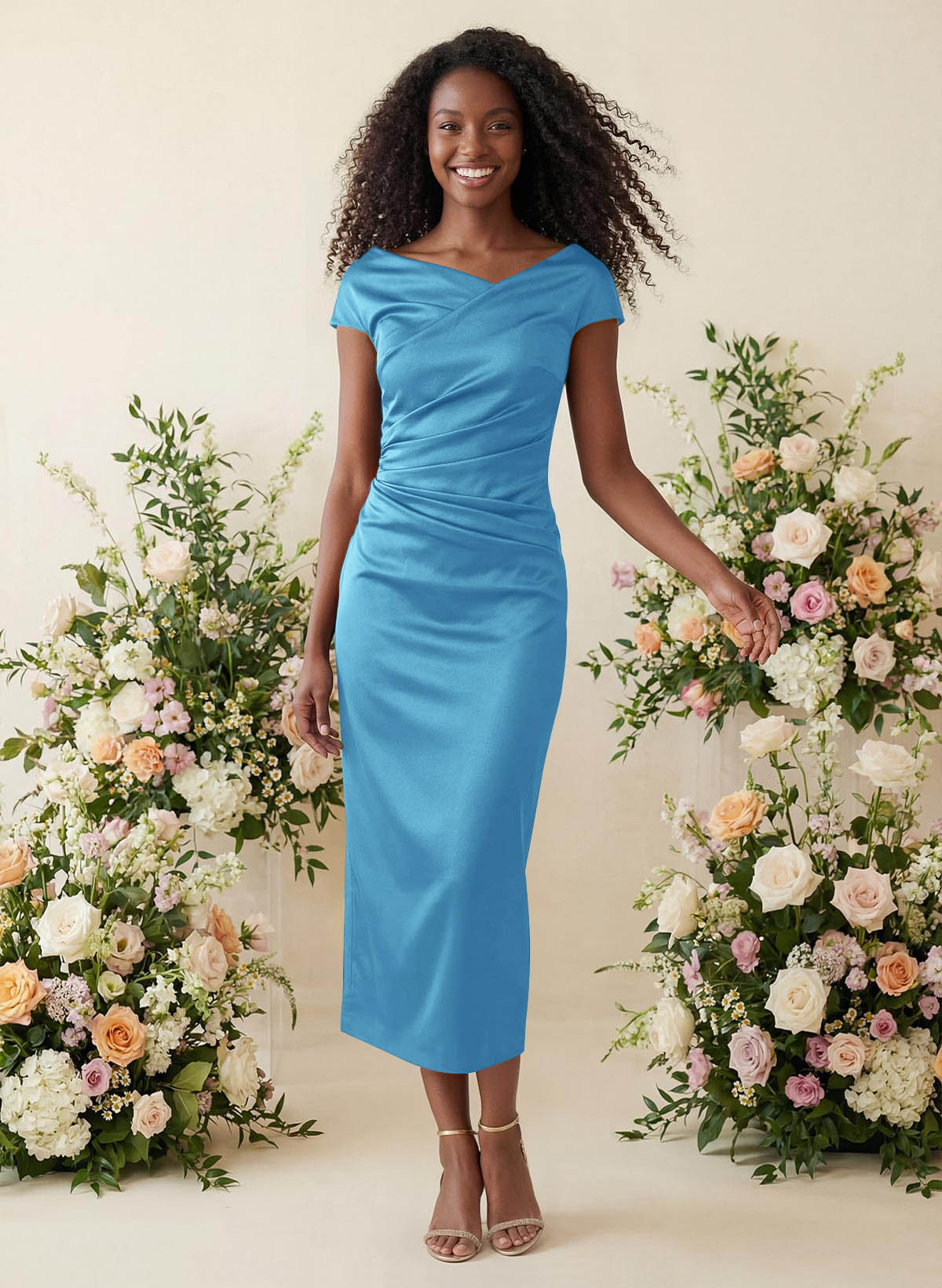Sheath/Column Cowl Neck Short Sleeves Tea-Length Charmeuse Bridesmaid Dresses, product image 16