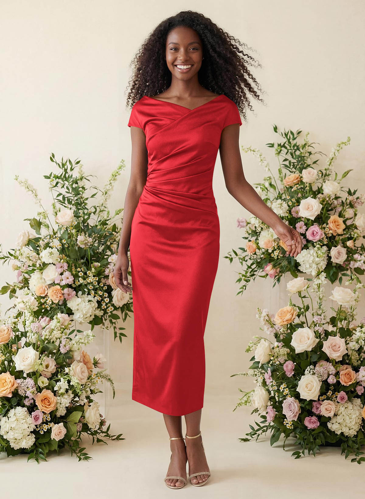 Sheath/Column Cowl Neck Short Sleeves Tea-Length Charmeuse Bridesmaid Dresses, product image 31