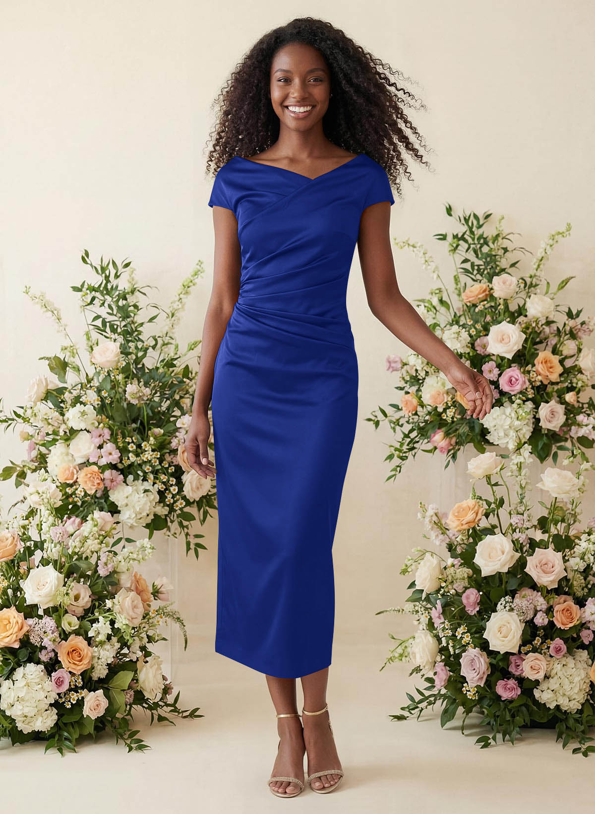 Sheath/Column Cowl Neck Short Sleeves Tea-Length Charmeuse Bridesmaid Dresses, product image 10