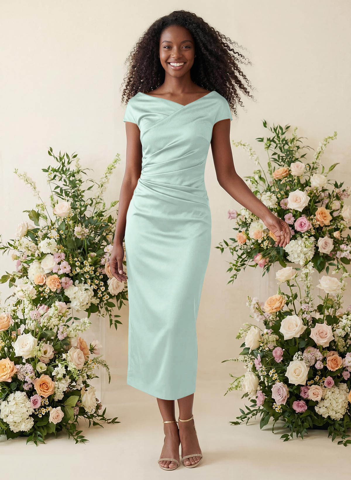 Sheath/Column Cowl Neck Short Sleeves Tea-Length Charmeuse Bridesmaid Dresses, product image 67