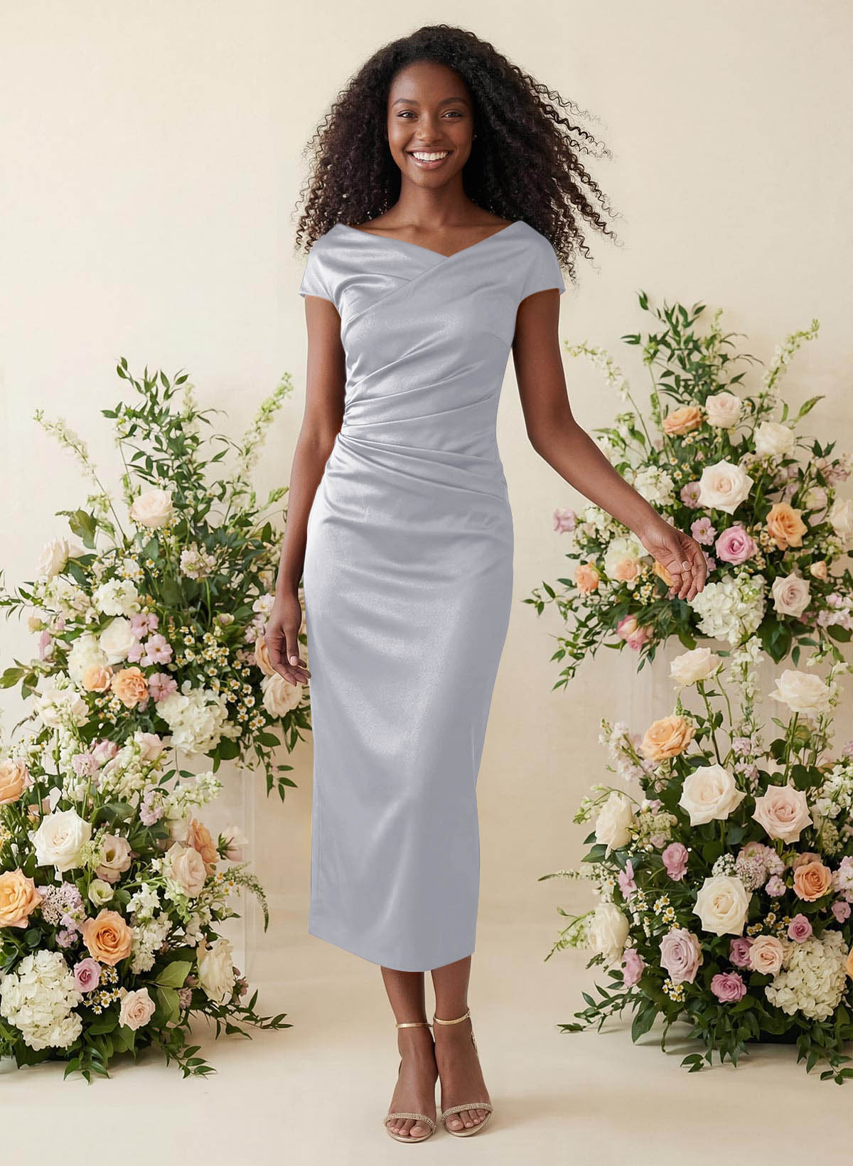 Sheath/Column Cowl Neck Short Sleeves Tea-Length Charmeuse Bridesmaid Dresses, product image 97