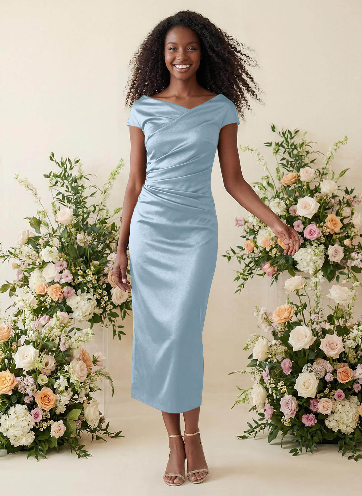 Sheath/Column Cowl Neck Short Sleeves Tea-Length Charmeuse Bridesmaid Dresses, product image 19
