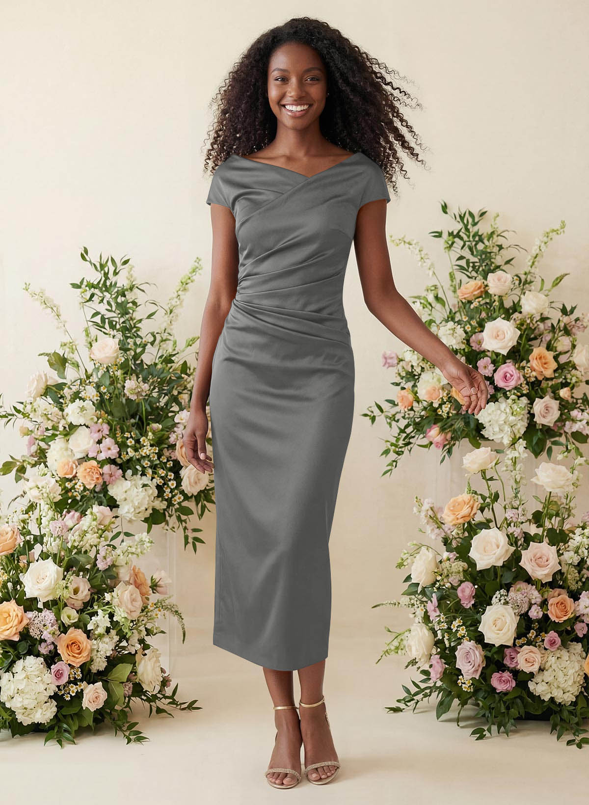 Sheath/Column Cowl Neck Short Sleeves Tea-Length Charmeuse Bridesmaid Dresses, product image 100