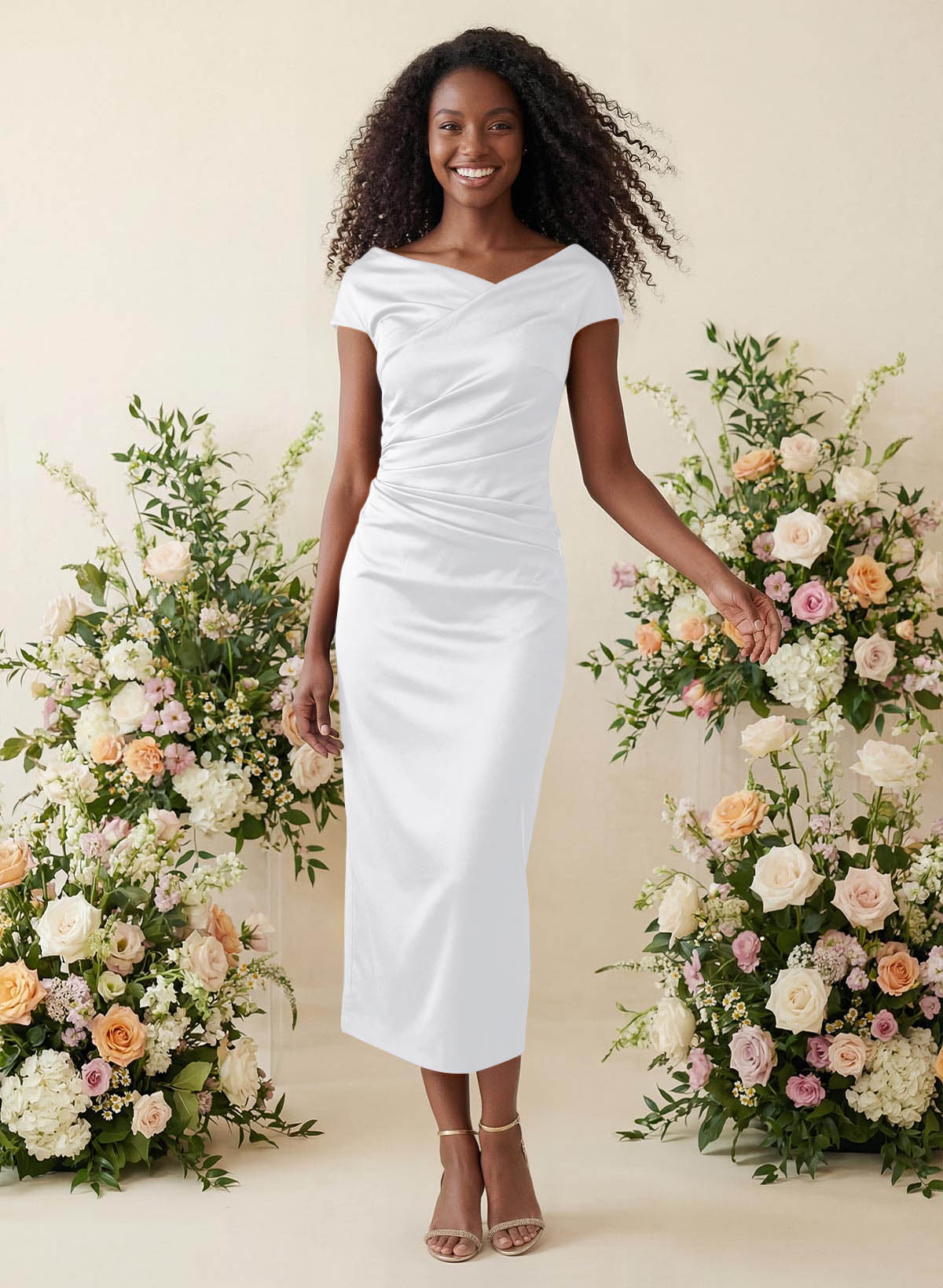 Sheath/Column Cowl Neck Short Sleeves Tea-Length Charmeuse Bridesmaid Dresses, product image 94