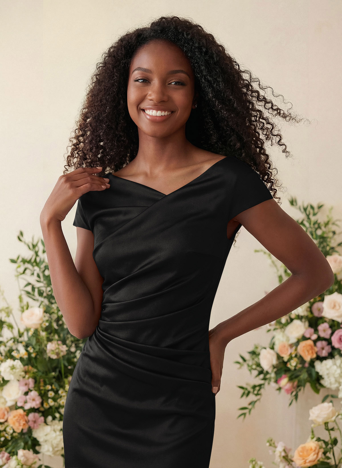 Sheath/Column Cowl Neck Short Sleeves Tea-Length Charmeuse Bridesmaid Dresses, product image 104