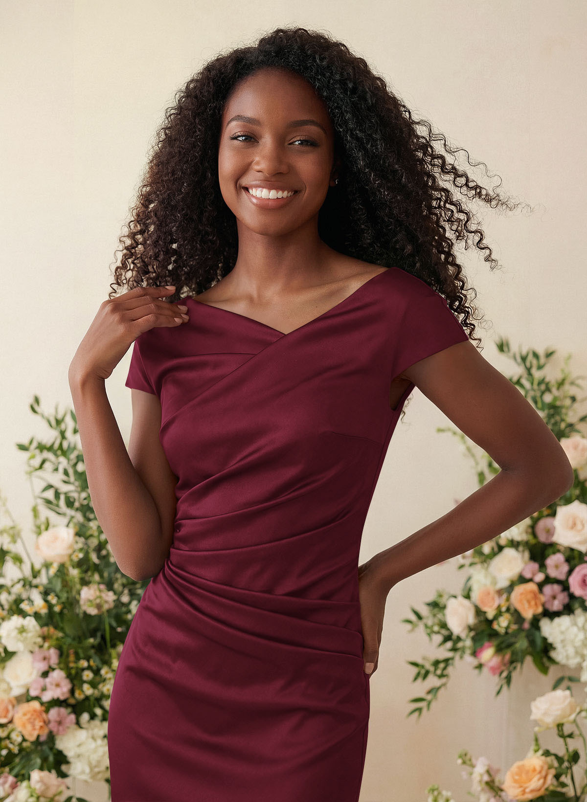 Sheath/Column Cowl Neck Short Sleeves Tea-Length Charmeuse Bridesmaid Dresses, product image 26
